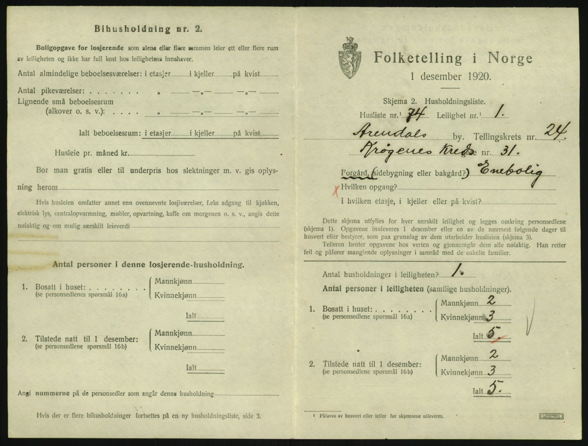 SAK, 1920 census for Arendal, 1920, p. 9154