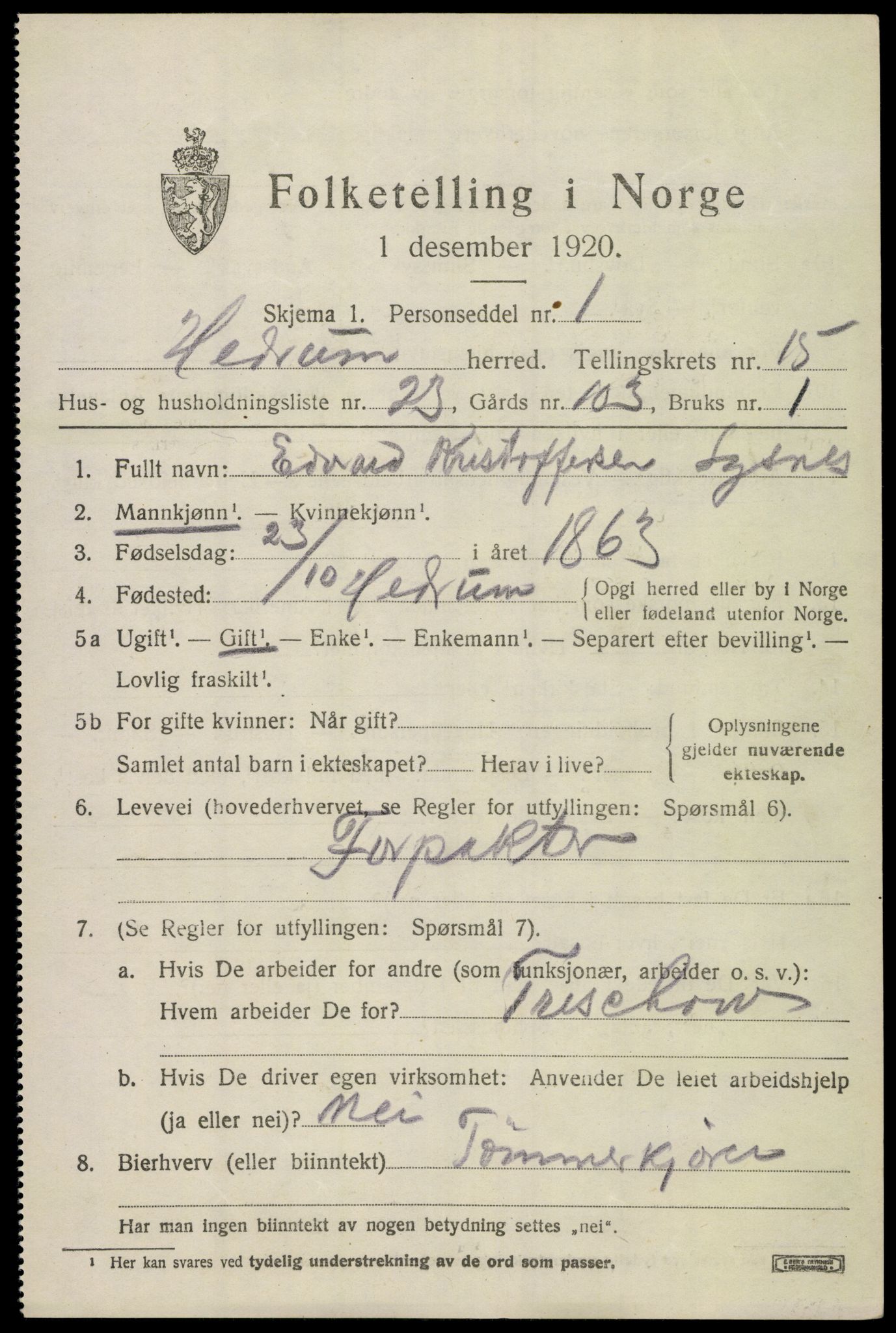 SAKO, 1920 census for Hedrum, 1920, p. 10199