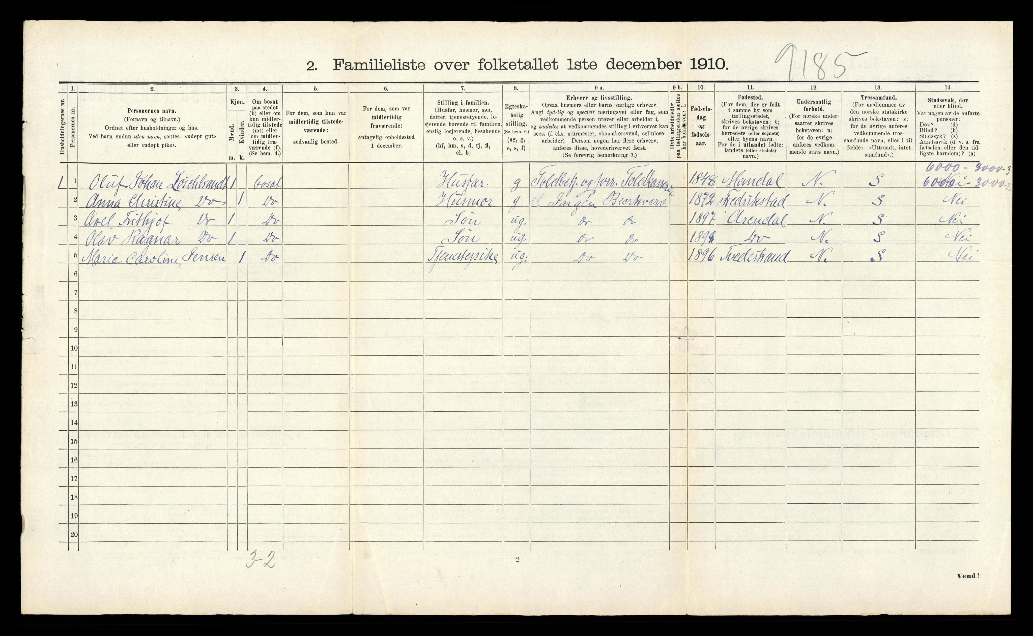 RA, 1910 census for Tvedestrand, 1910, p. 578