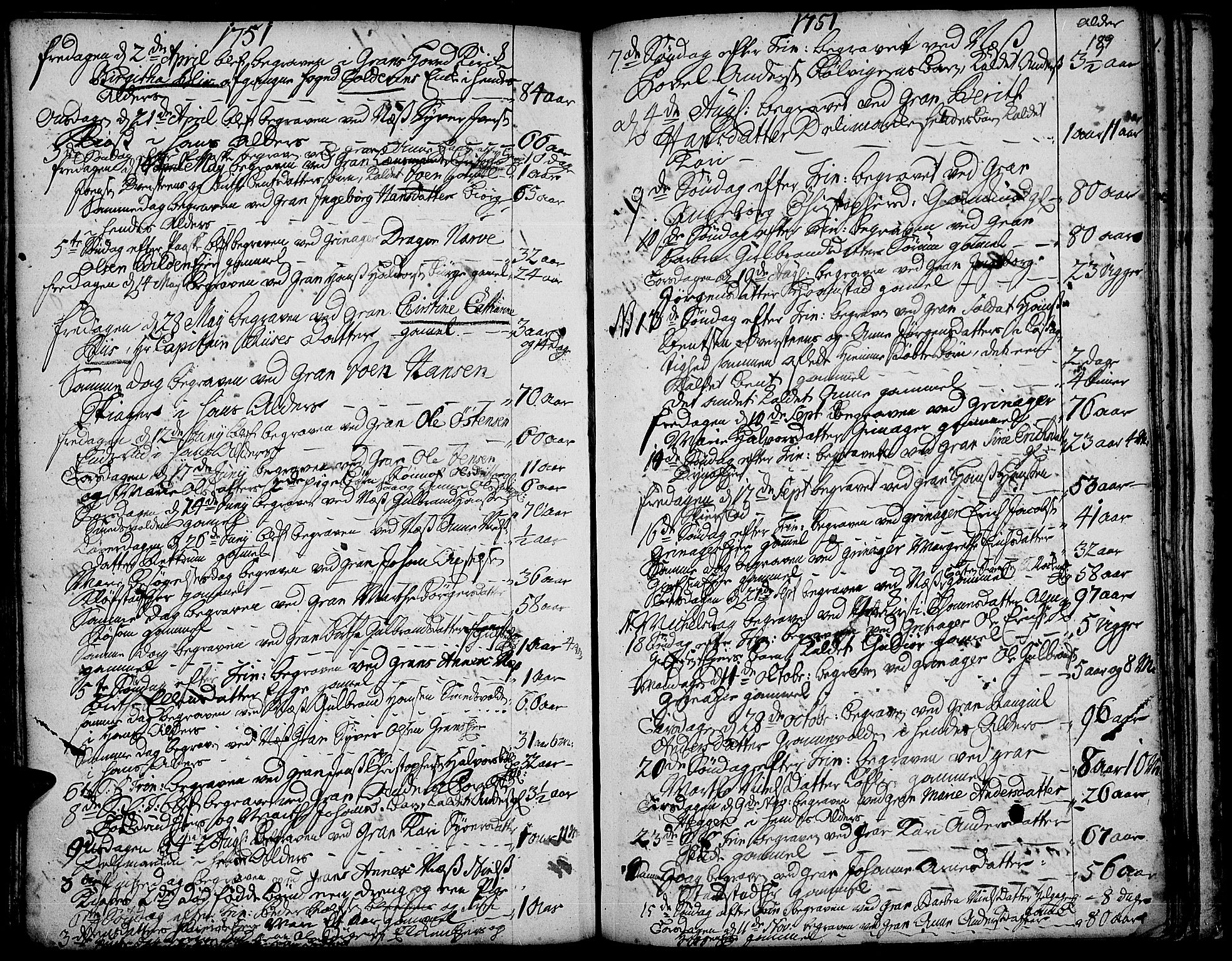 Gran prestekontor, AV/SAH-PREST-112/H/Ha/Haa/L0003: Parish register (official) no. 3, 1745-1758, p. 189