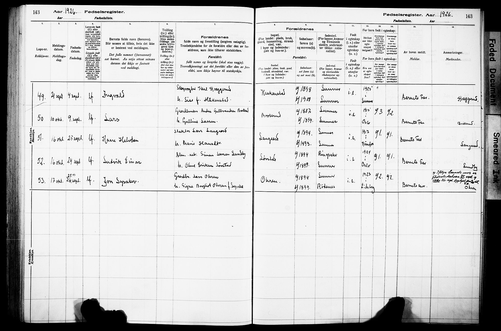 Lunner prestekontor, AV/SAH-PREST-118/I/Id/L0001: Birth register no. 1, 1916-1932, p. 143