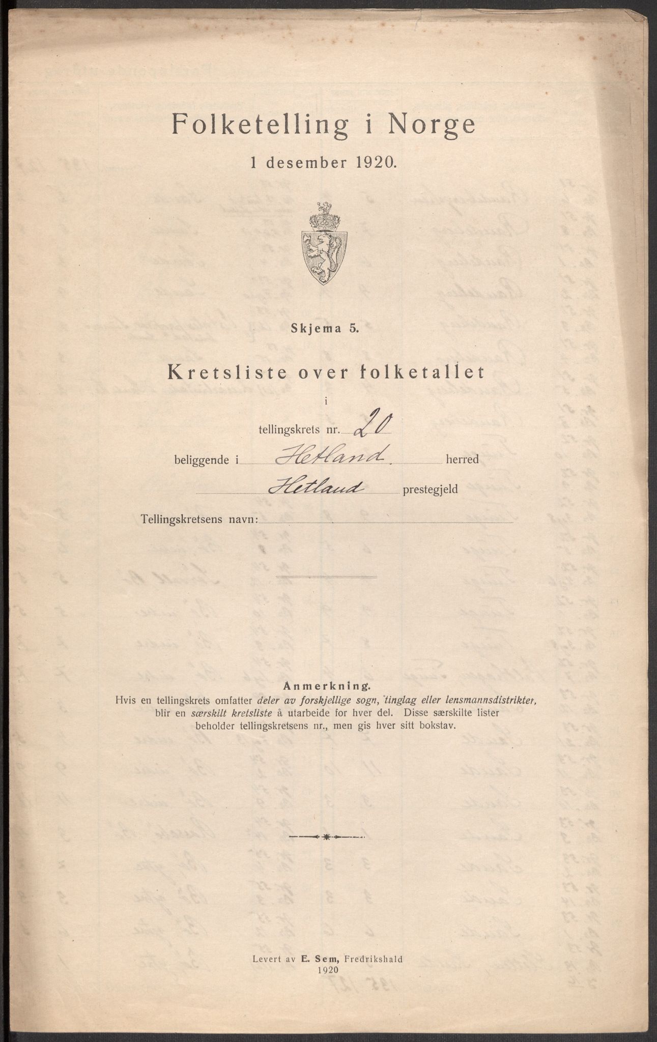 SAST, 1920 census for Hetland, 1920, p. 156