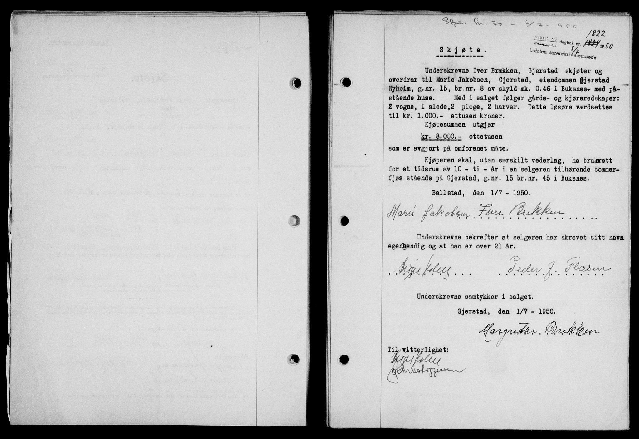 Lofoten sorenskriveri, SAT/A-0017/1/2/2C/L0024a: Mortgage book no. 24a, 1950-1950, Diary no: : 1822/1950