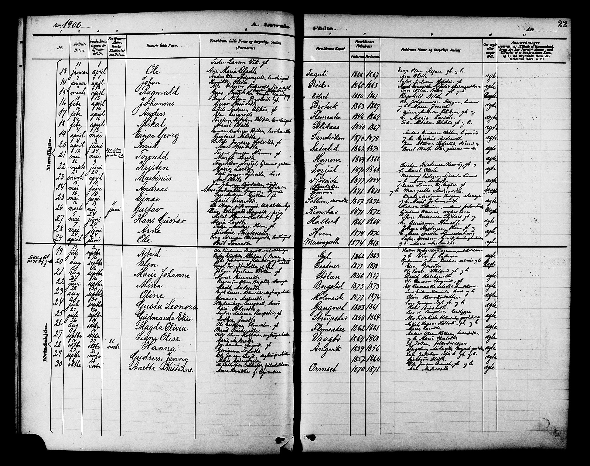 Ministerialprotokoller, klokkerbøker og fødselsregistre - Møre og Romsdal, AV/SAT-A-1454/586/L0992: Parish register (copy) no. 586C03, 1892-1909, p. 22