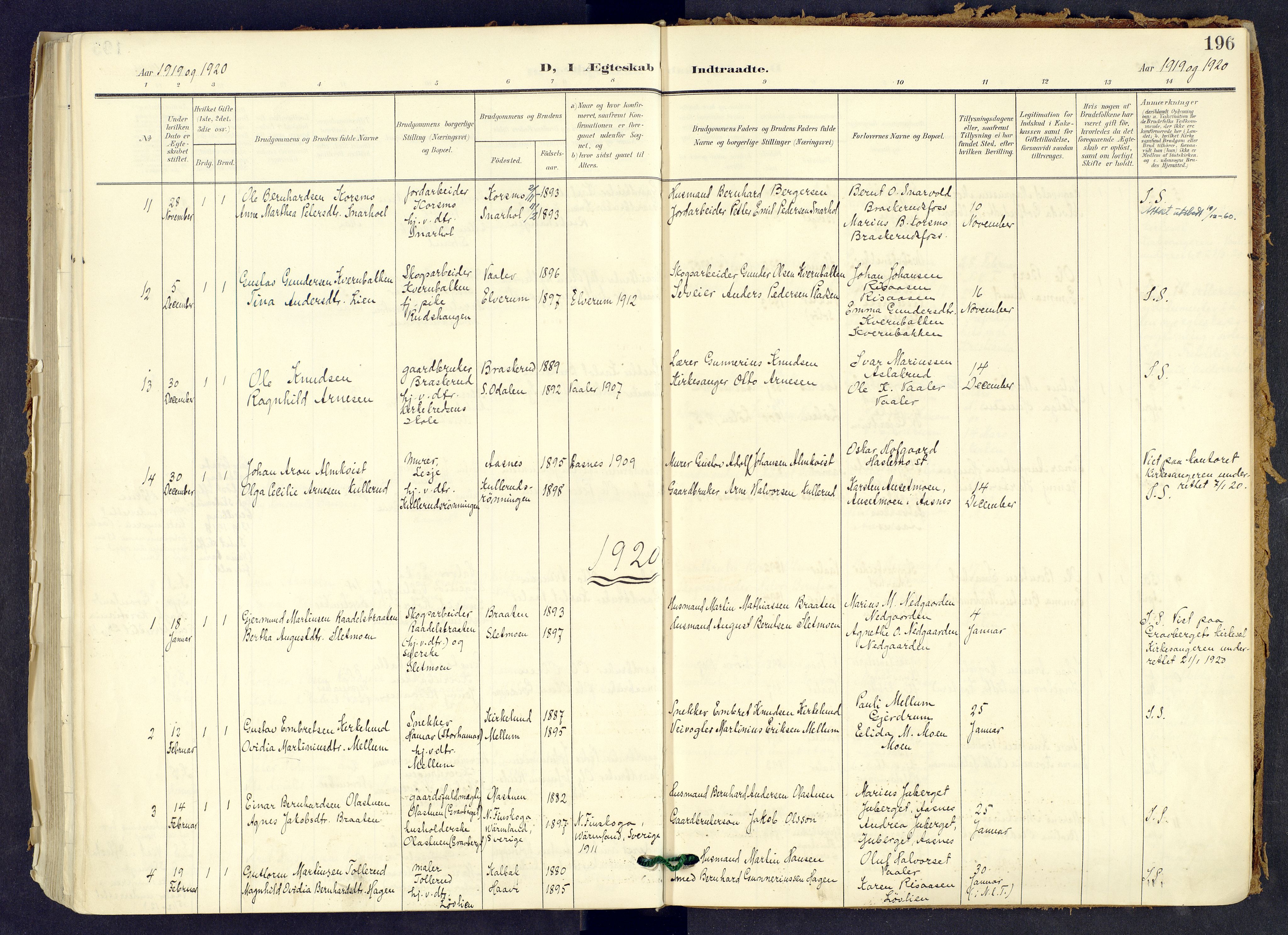 Våler prestekontor, Hedmark, SAH/PREST-040/H/Ha/Haa/L0008: Parish register (official) no. 8, 1905-1921, p. 196