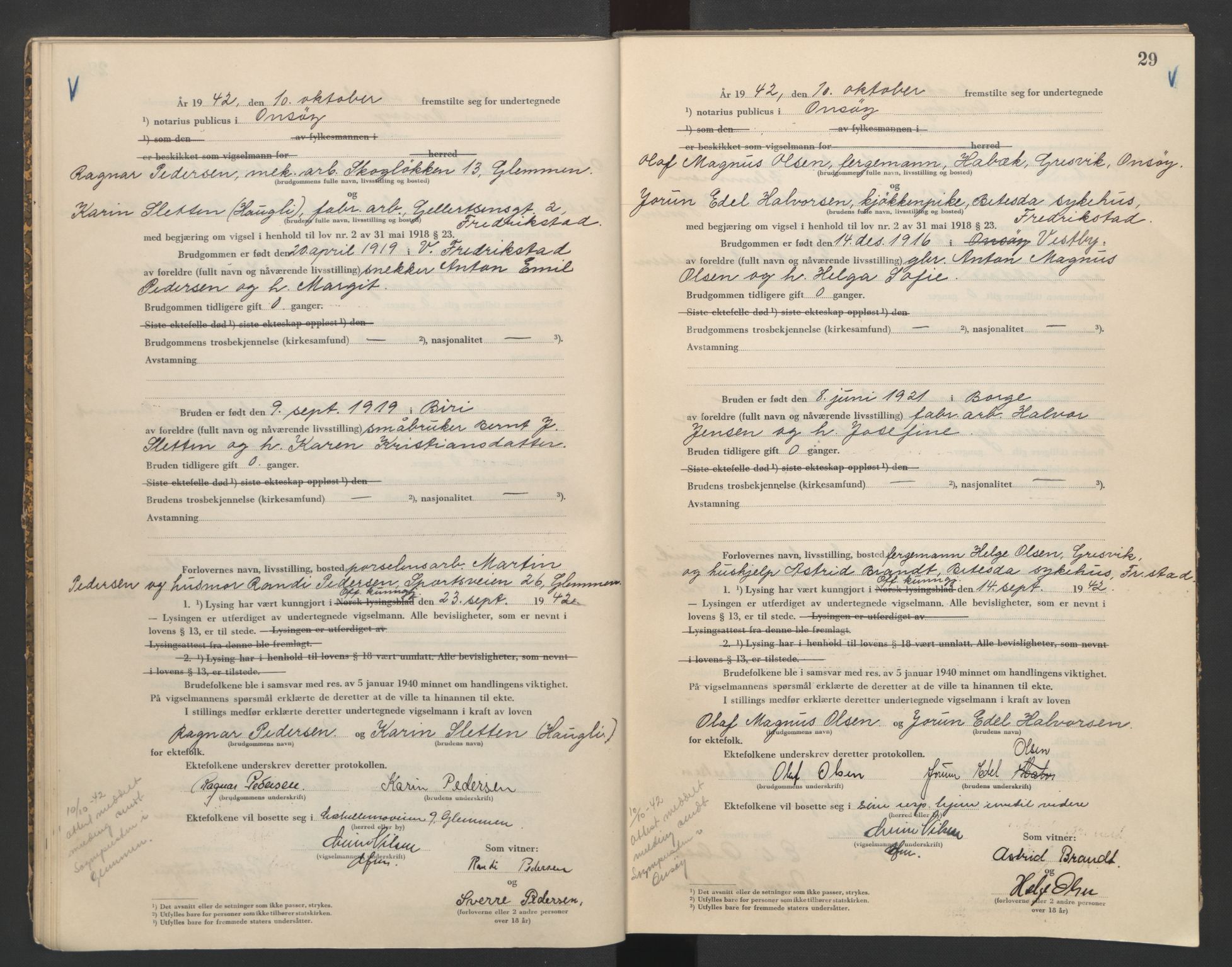 Onsøy sorenskriveri, AV/SAO-A-10474/L/La/L0002: Vigselsbok, 1942-1943, p. 29