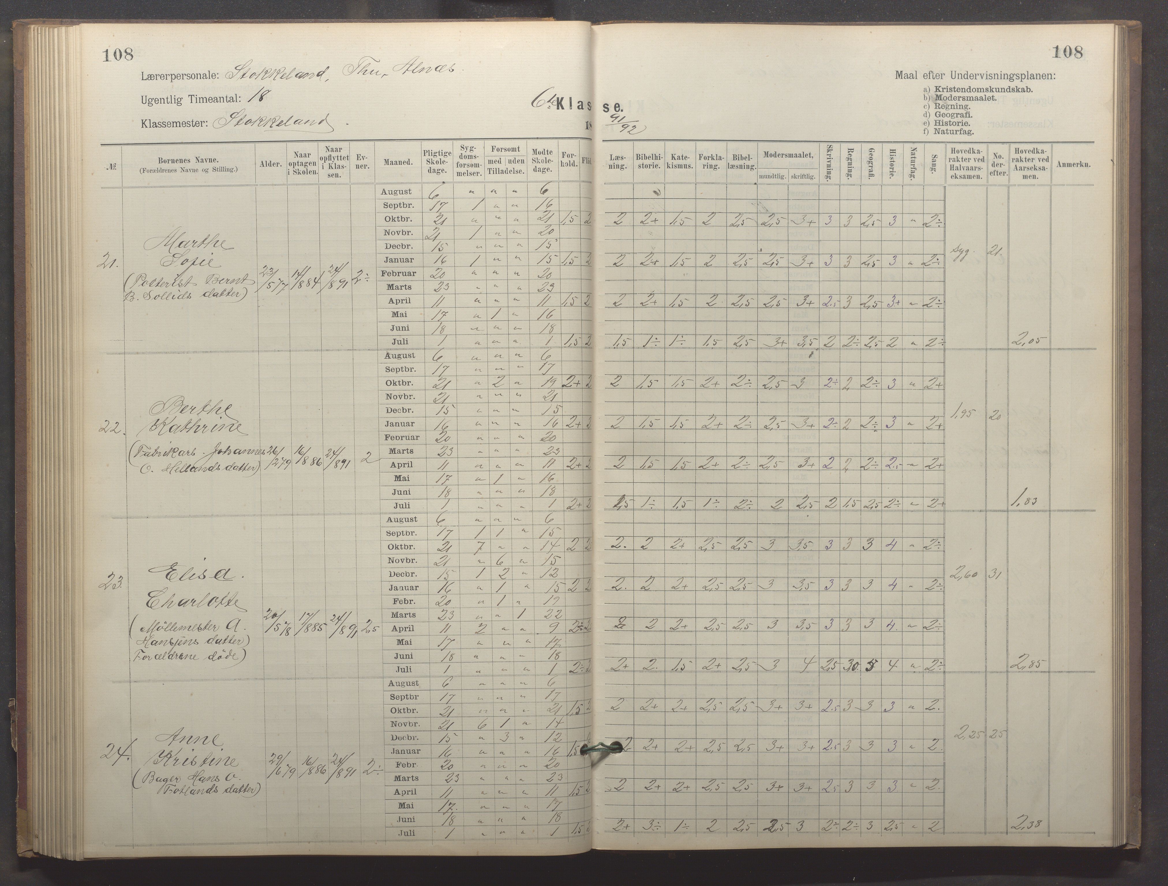 Egersund kommune (Ladested) - Egersund almueskole/folkeskole, IKAR/K-100521/H/L0023: Skoleprotokoll - Almueskolen, 6. klasse, 1886-1892, p. 108