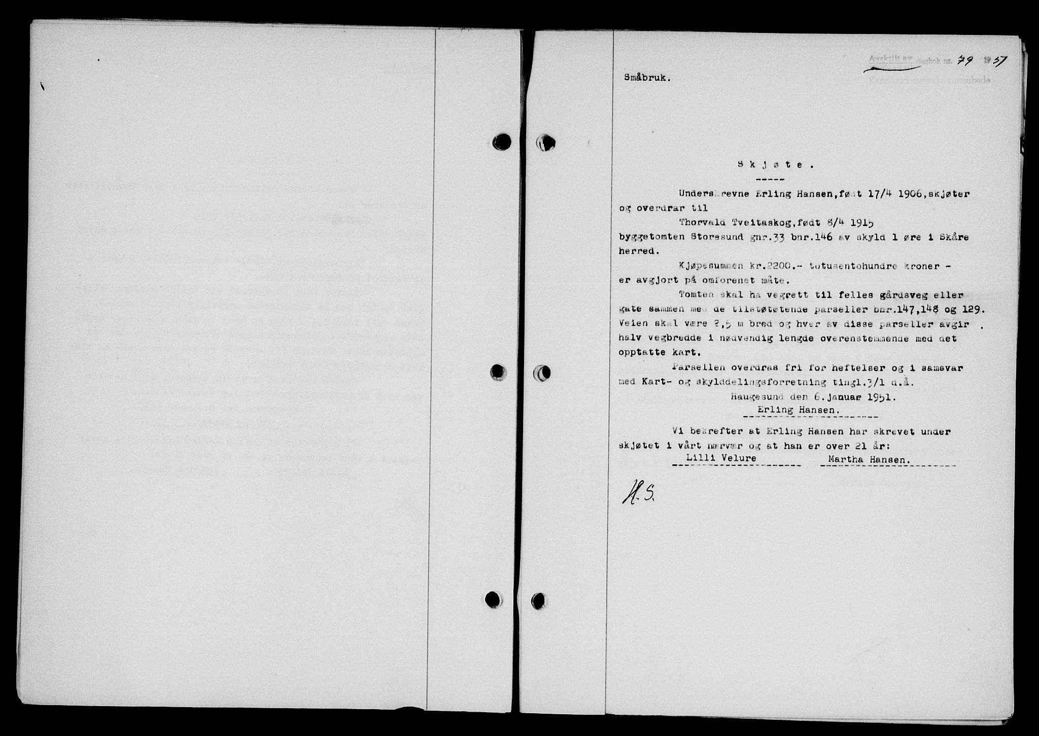 Karmsund sorenskriveri, SAST/A-100311/01/II/IIB/L0101: Mortgage book no. 81A, 1950-1951, Diary no: : 79/1951
