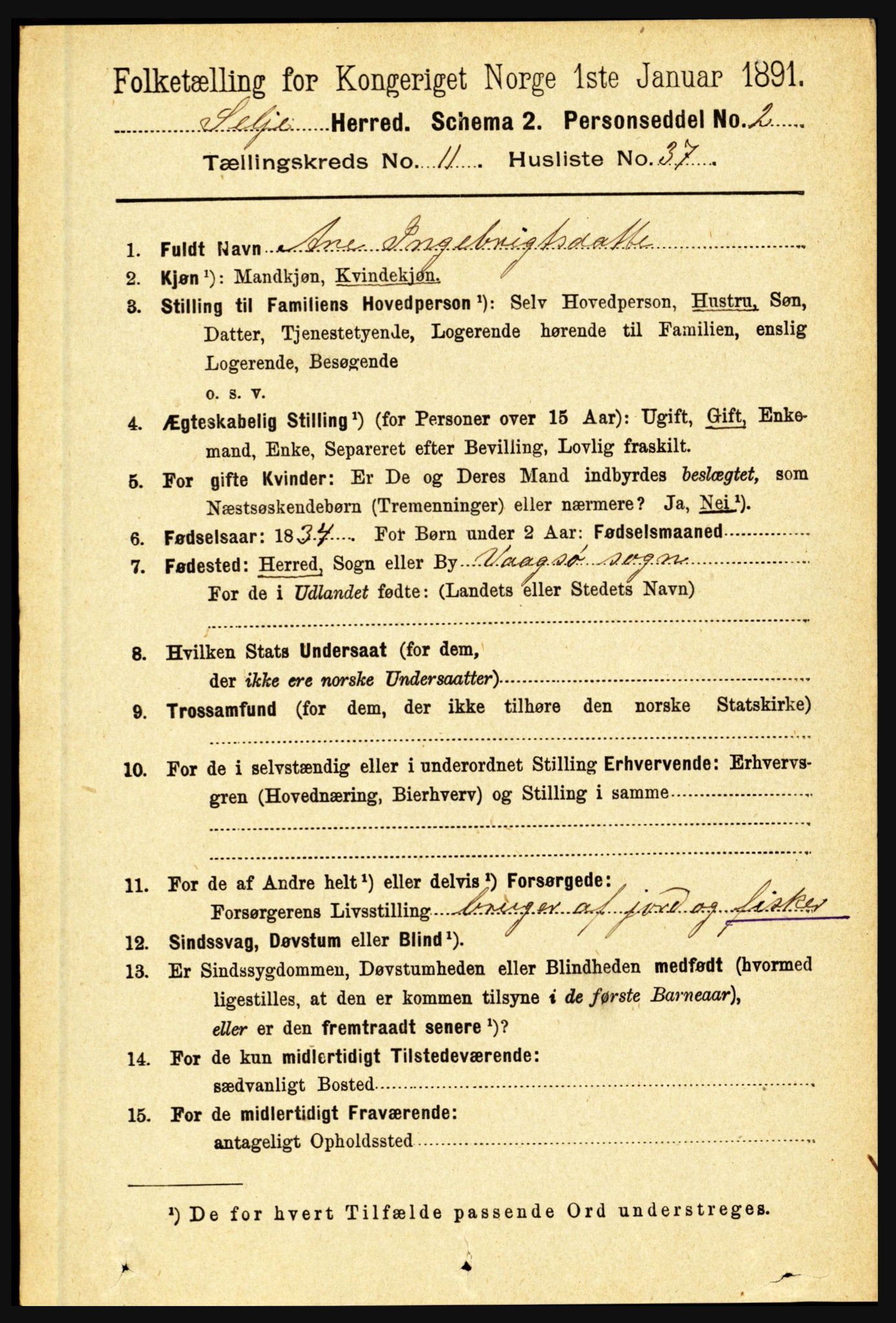 RA, 1891 census for 1441 Selje, 1891, p. 3616