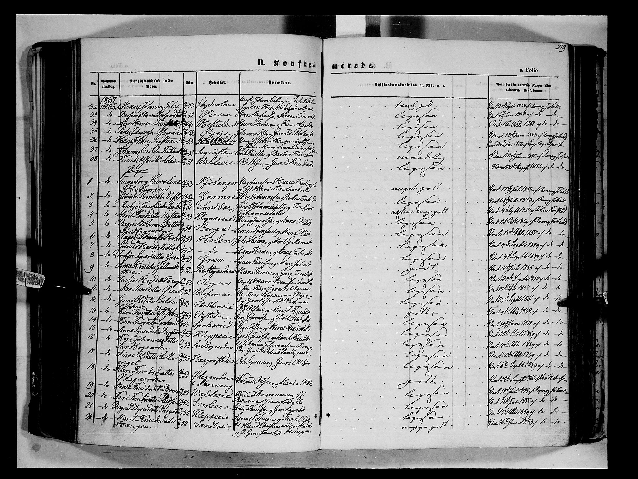 Vågå prestekontor, SAH/PREST-076/H/Ha/Haa/L0006: Parish register (official) no. 6 /1, 1856-1872, p. 219