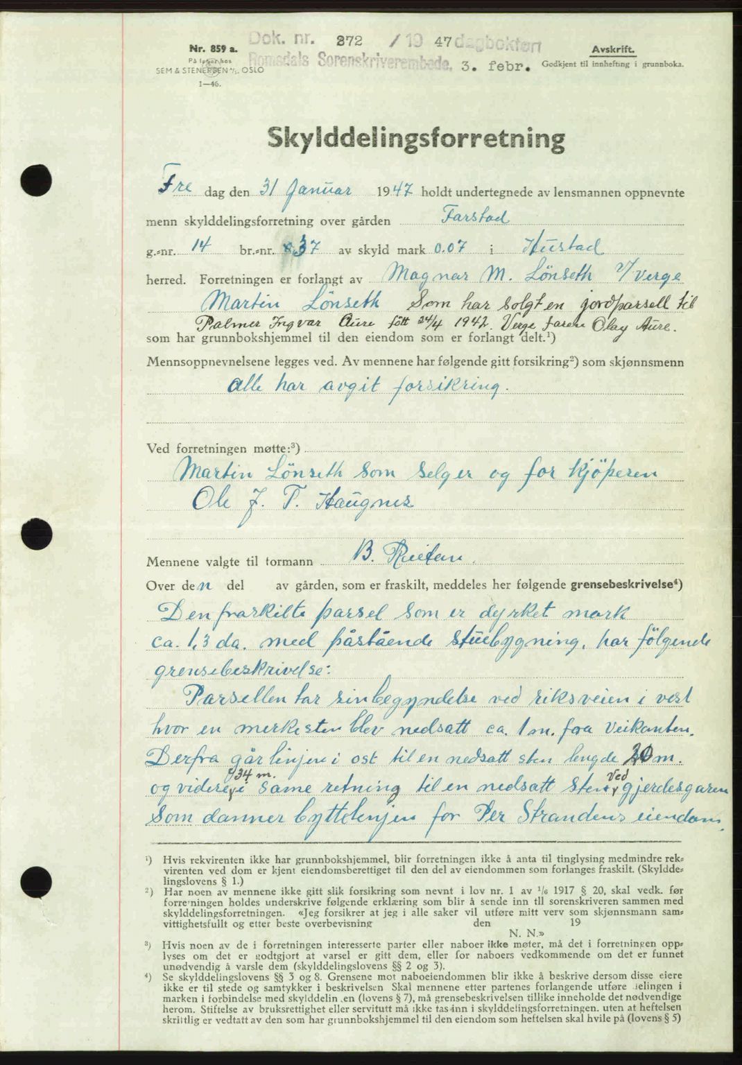 Romsdal sorenskriveri, SAT/A-4149/1/2/2C: Mortgage book no. A22, 1947-1947, Diary no: : 272/1947