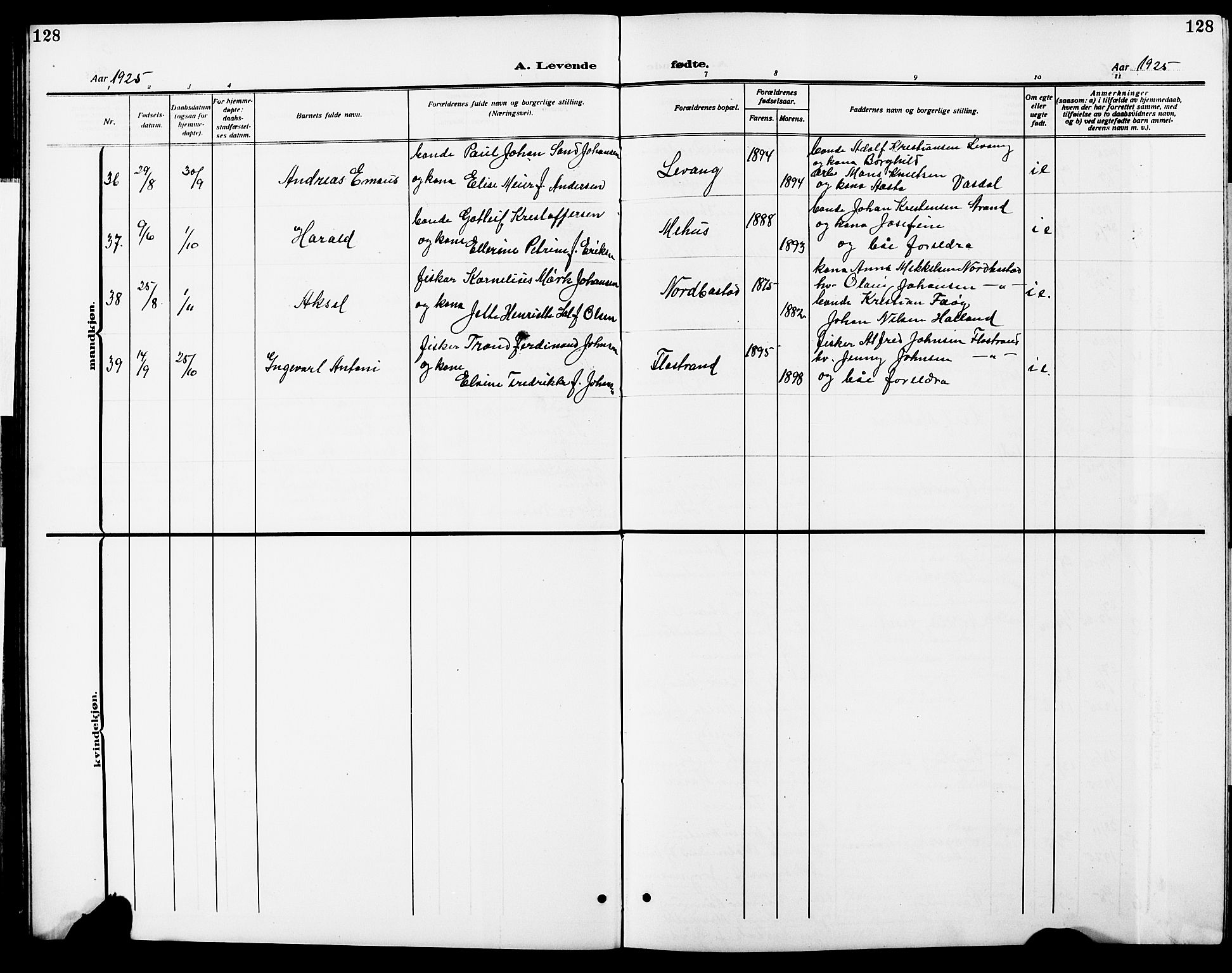 Ministerialprotokoller, klokkerbøker og fødselsregistre - Nordland, AV/SAT-A-1459/838/L0560: Parish register (copy) no. 838C07, 1910-1928, p. 128