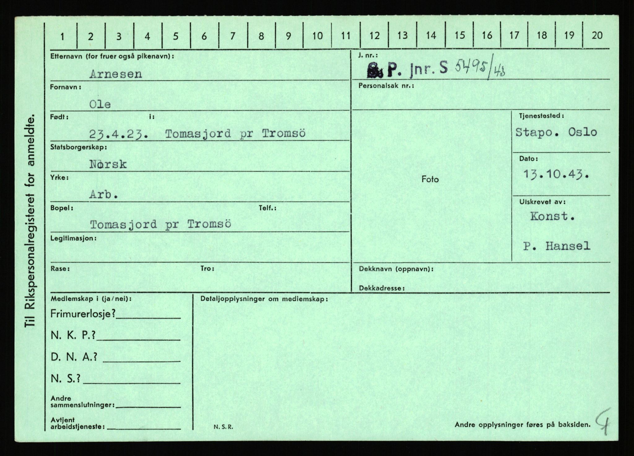 Statspolitiet - Hovedkontoret / Osloavdelingen, AV/RA-S-1329/C/Ca/L0002: Arneberg - Brand, 1943-1945, p. 152