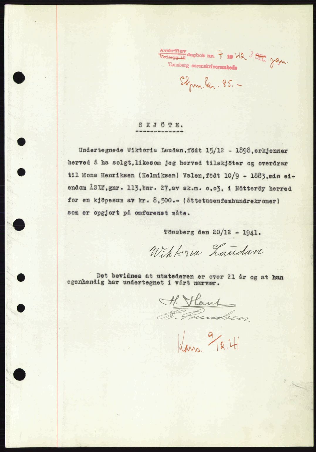 Tønsberg sorenskriveri, AV/SAKO-A-130/G/Ga/Gaa/L0011: Mortgage book no. A11, 1941-1942, Diary no: : 7/1942