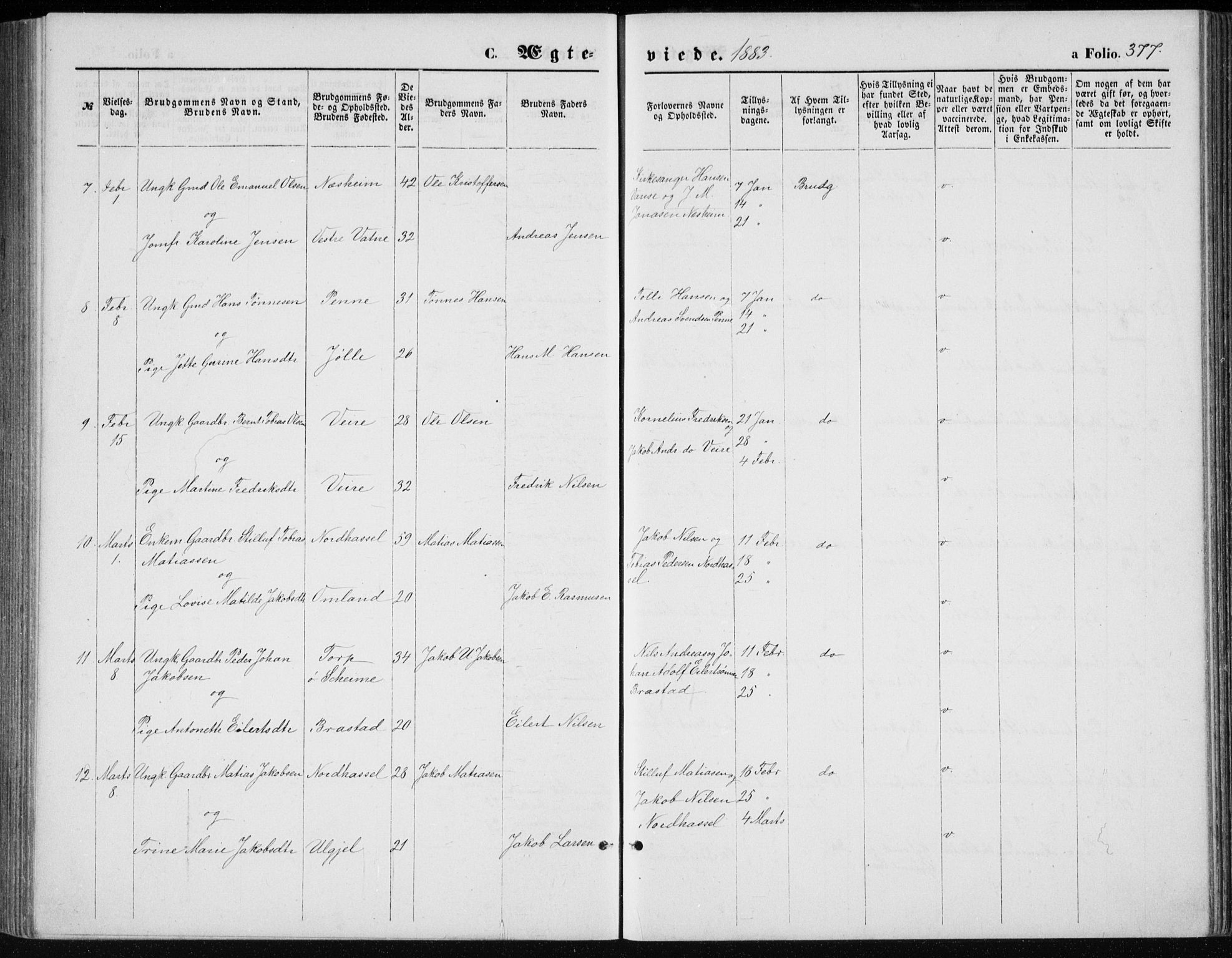 Lista sokneprestkontor, AV/SAK-1111-0027/F/Fb/L0004: Parish register (copy) no. B 4, 1877-1891, p. 377