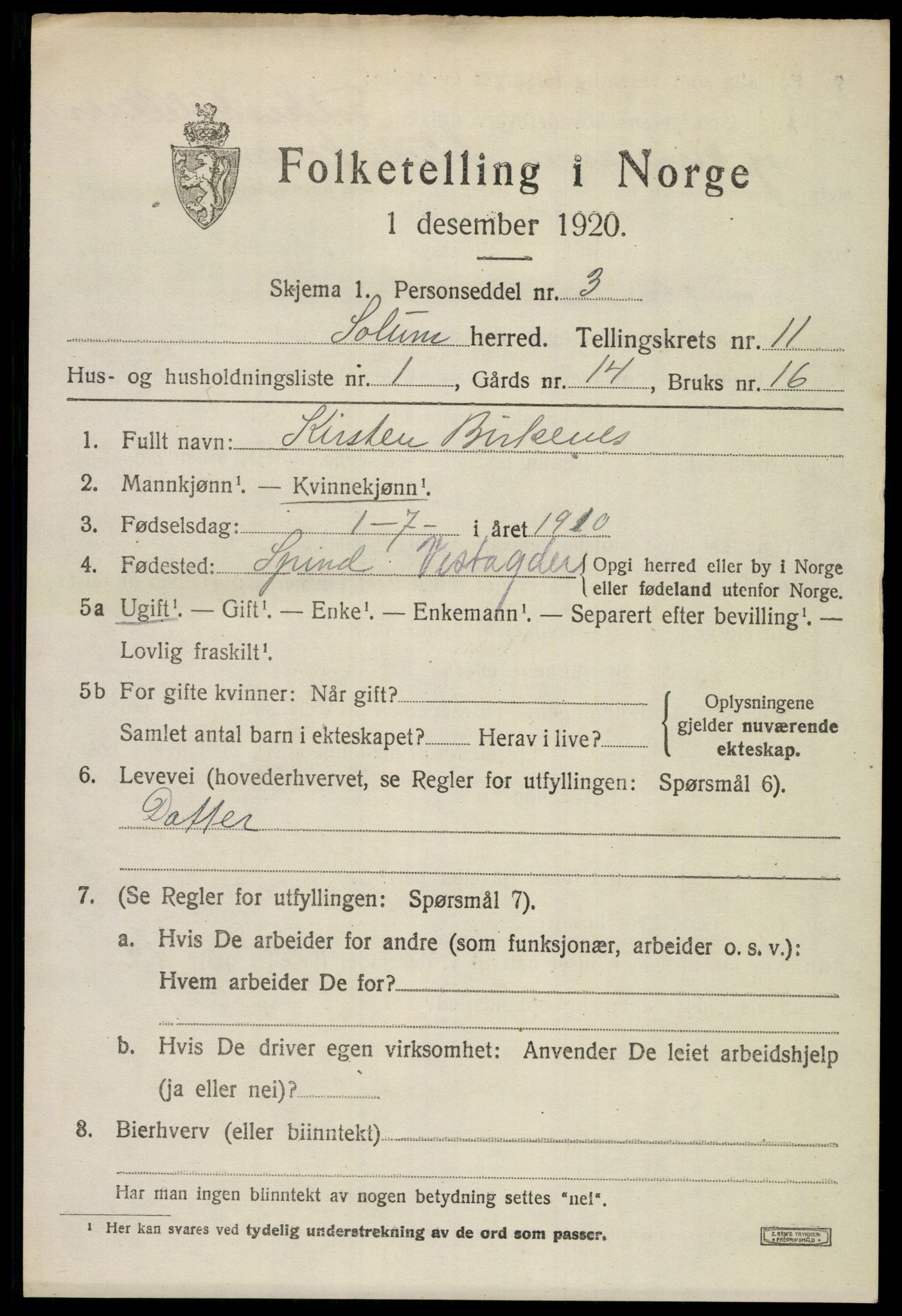 SAKO, 1920 census for Solum, 1920, p. 15696