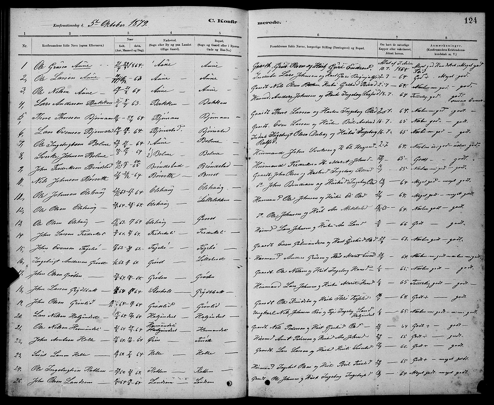 Ministerialprotokoller, klokkerbøker og fødselsregistre - Møre og Romsdal, SAT/A-1454/598/L1077: Parish register (copy) no. 598C02, 1879-1891, p. 124