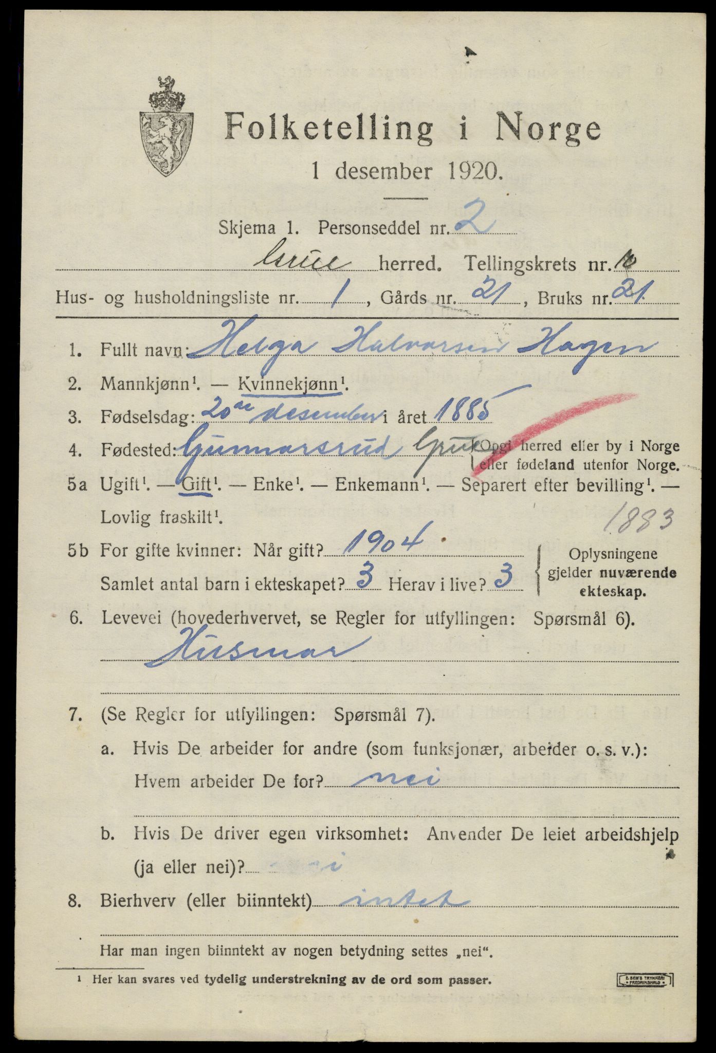 SAH, 1920 census for Grue, 1920, p. 8295