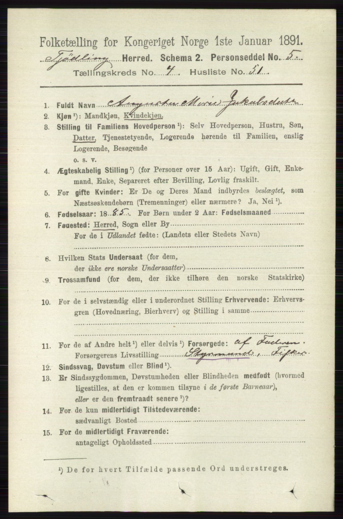 RA, 1891 census for 0725 Tjølling, 1891, p. 1739