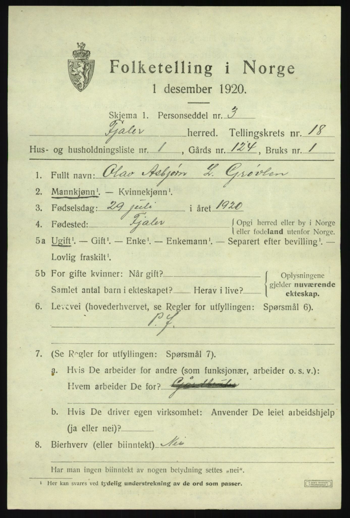 SAB, 1920 census for Fjaler, 1920, p. 8885