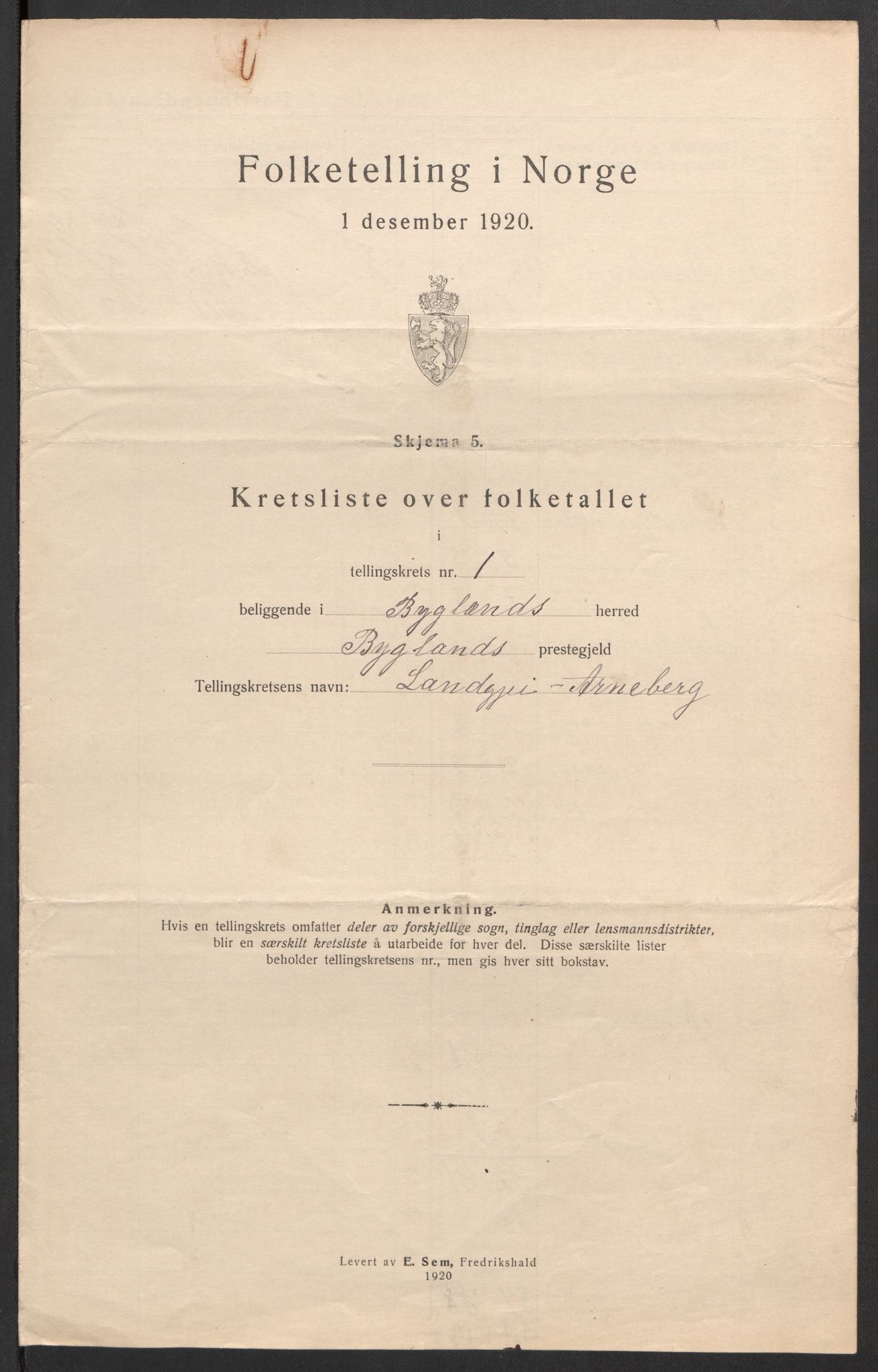 SAK, 1920 census for Bygland, 1920, p. 15