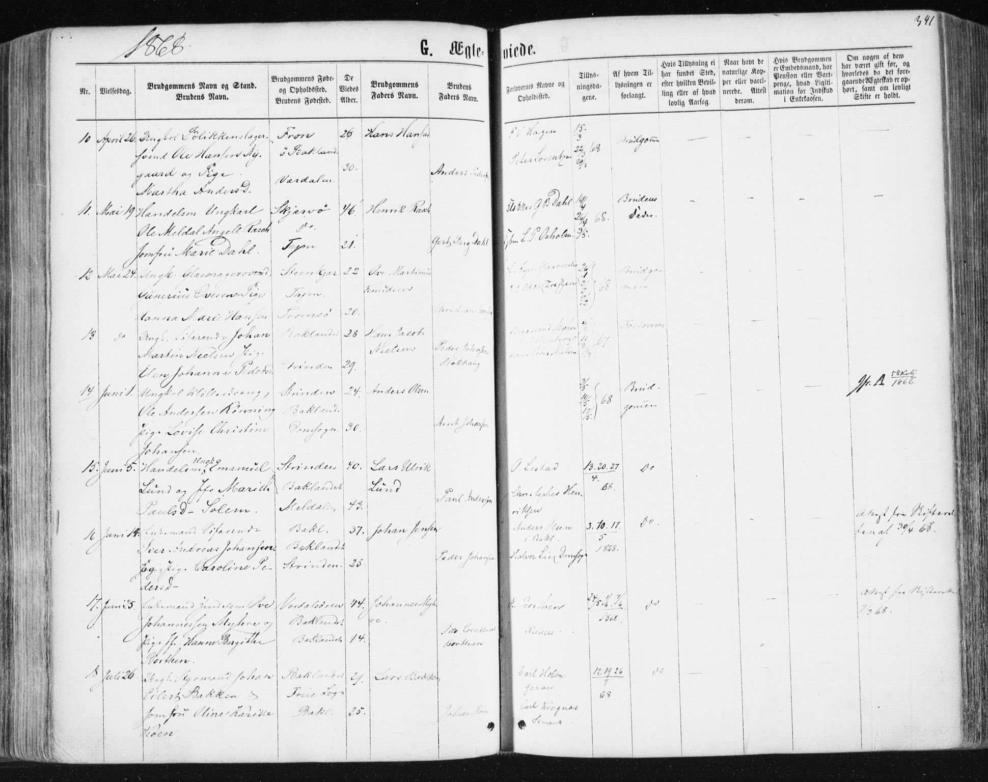 Ministerialprotokoller, klokkerbøker og fødselsregistre - Sør-Trøndelag, SAT/A-1456/604/L0186: Parish register (official) no. 604A07, 1866-1877, p. 341