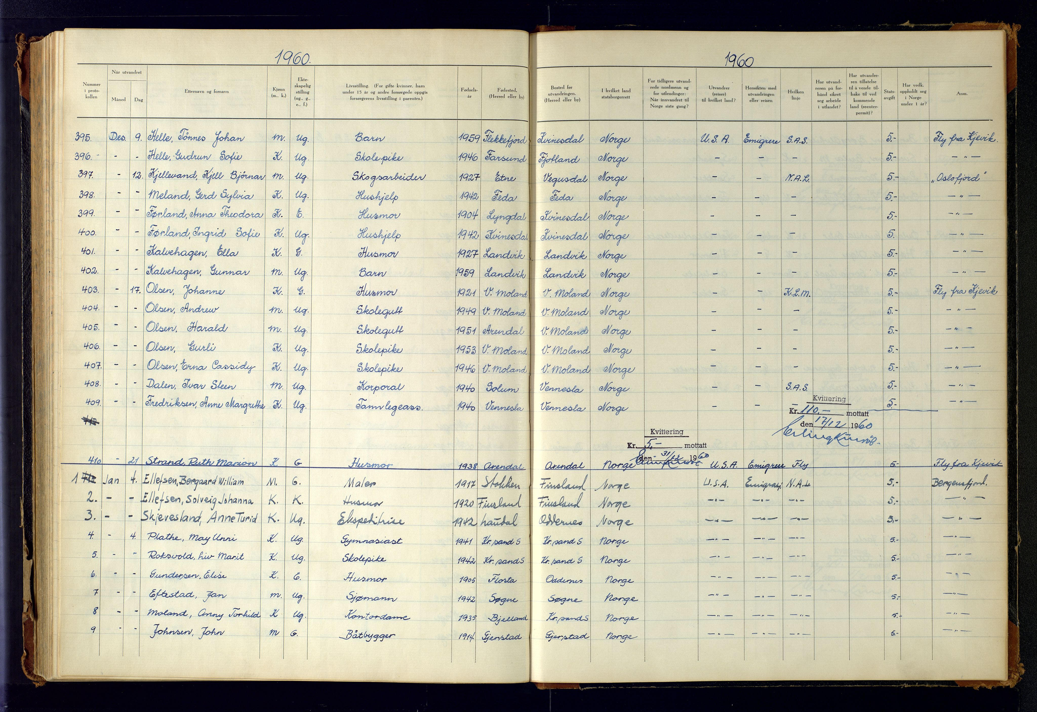 Kristiansand politikammer, AV/SAK-1243-0004/K/Kb/L0249: Emigrantprotokoll, 1951-1961, p. 182