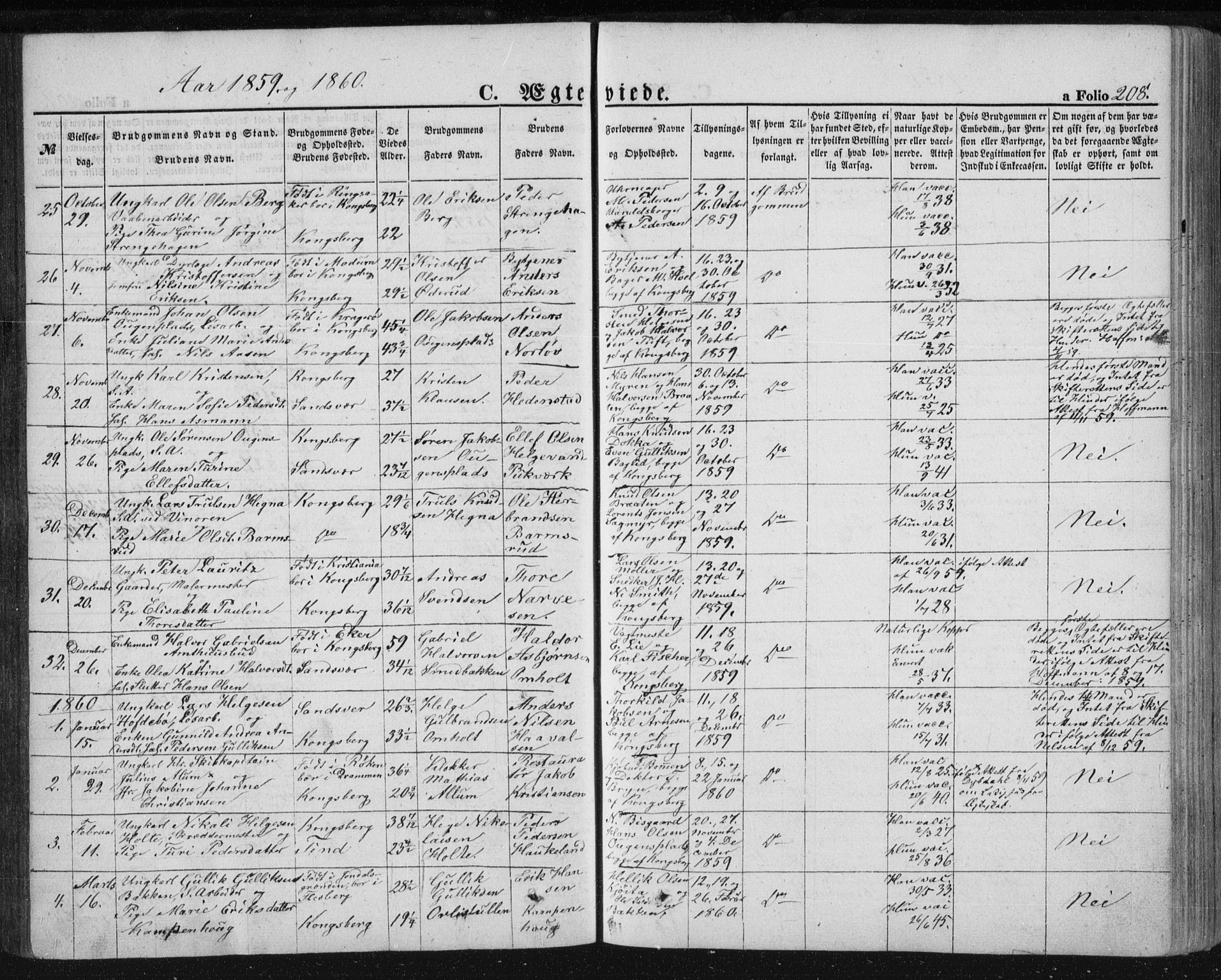 Kongsberg kirkebøker, SAKO/A-22/F/Fa/L0010: Parish register (official) no. I 10, 1859-1875, p. 208