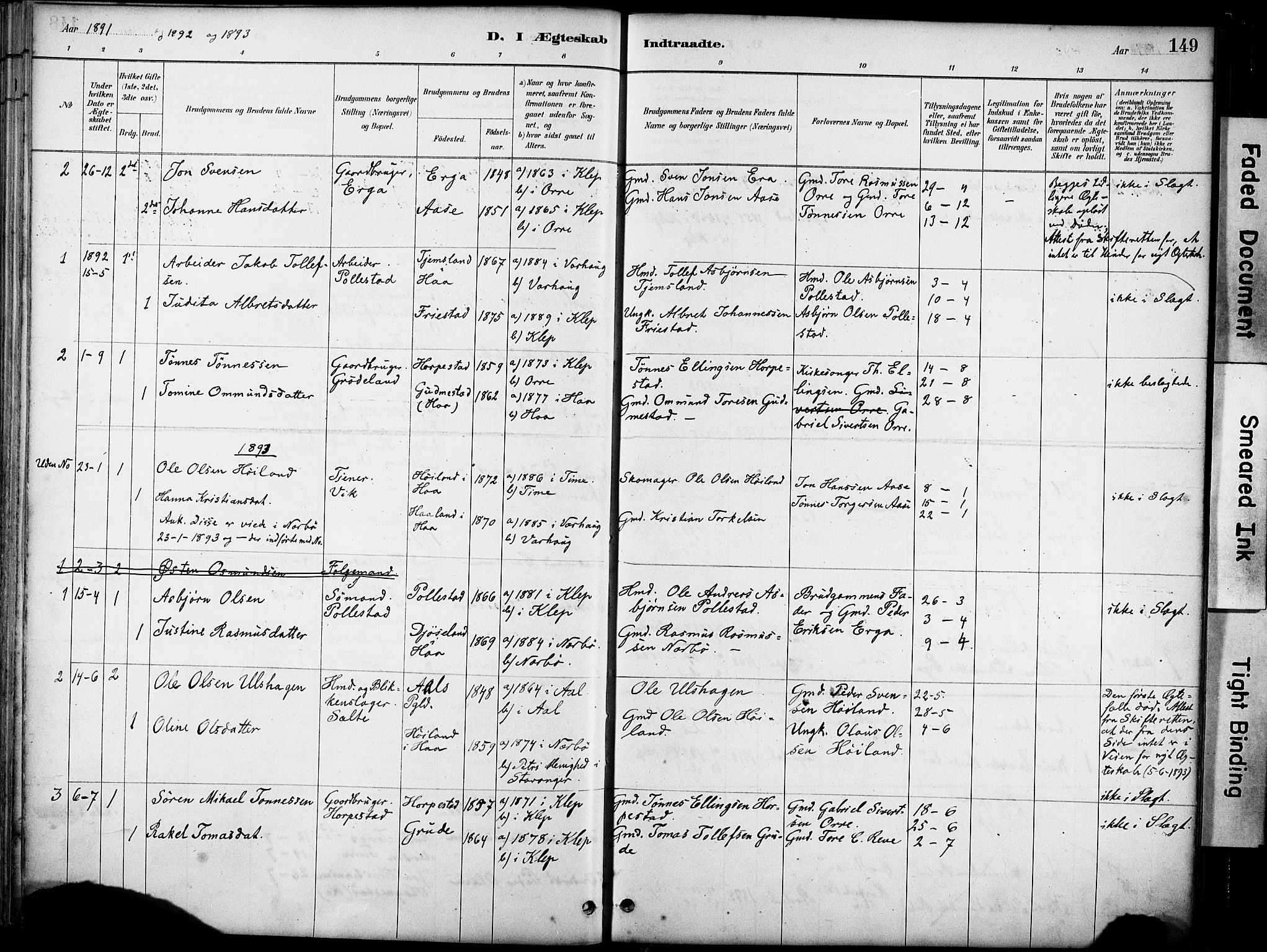 Klepp sokneprestkontor, SAST/A-101803/001/3/30BA/L0007: Parish register (official) no. A 8, 1886-1912, p. 149