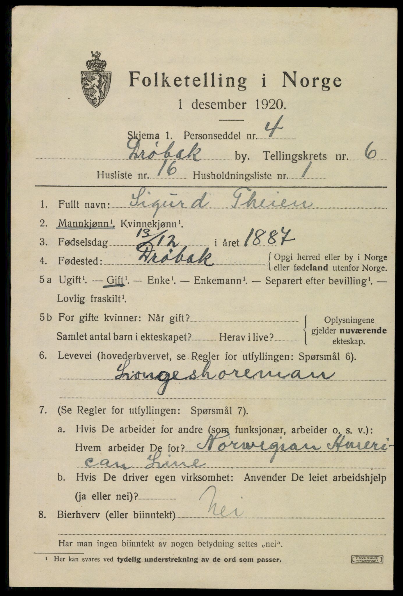 SAO, 1920 census for Drøbak, 1920, p. 5161