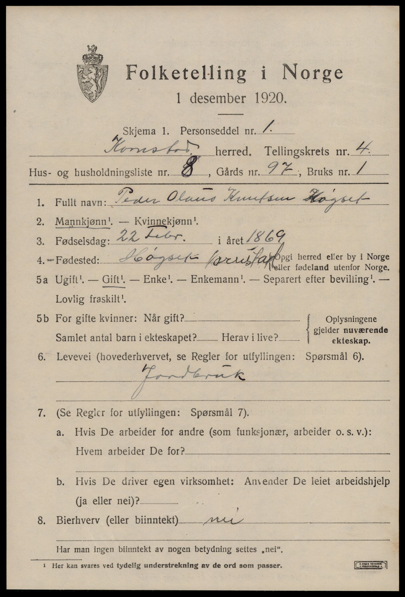 SAT, 1920 census for Kornstad, 1920, p. 2593