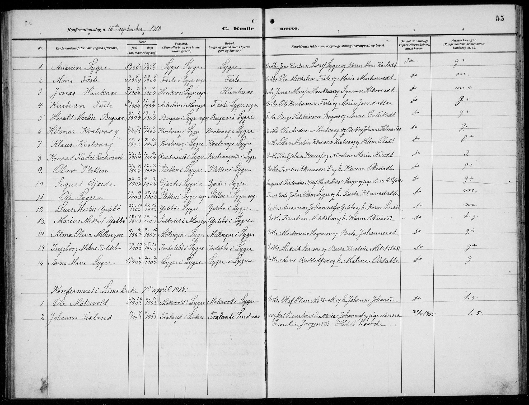 Alversund Sokneprestembete, SAB/A-73901/H/Ha/Hab: Parish register (copy) no. B 5, 1914-1932, p. 55
