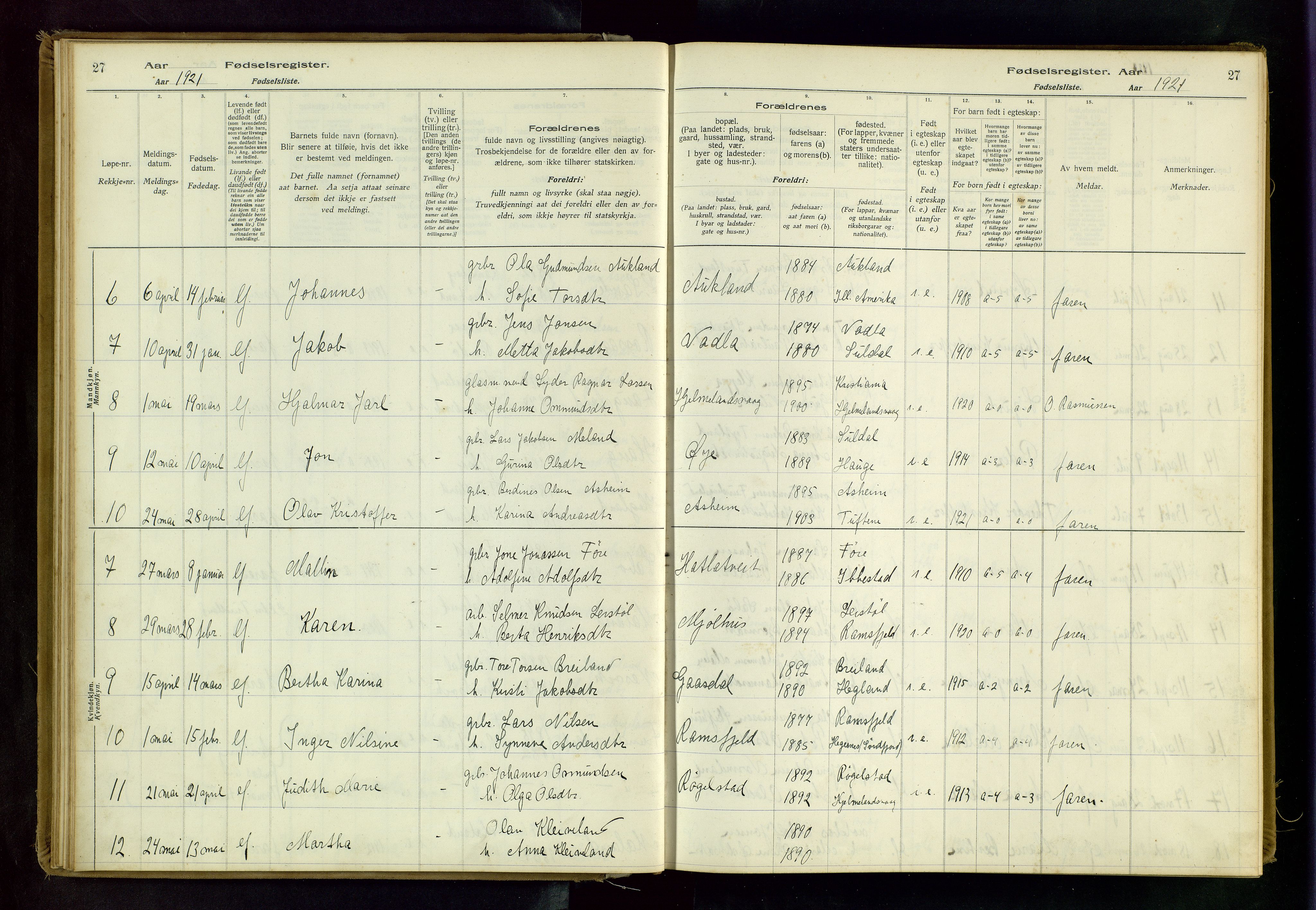 Hjelmeland sokneprestkontor, AV/SAST-A-101843/02/B/L0001: Birth register no. 1, 1916-1963, p. 27