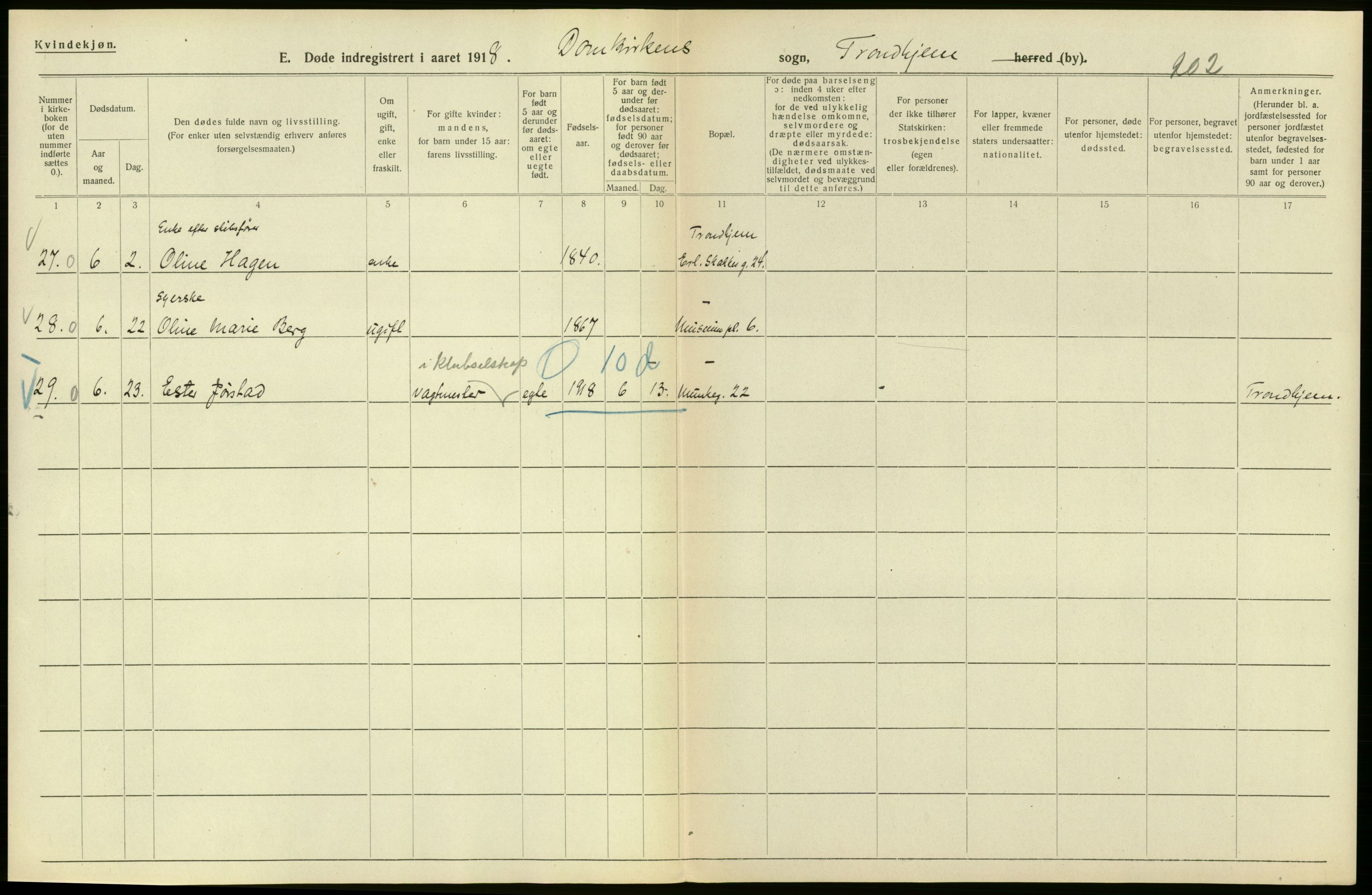 Statistisk sentralbyrå, Sosiodemografiske emner, Befolkning, AV/RA-S-2228/D/Df/Dfb/Dfbh/L0049: Trondheim: Døde, dødfødte., 1918, p. 166