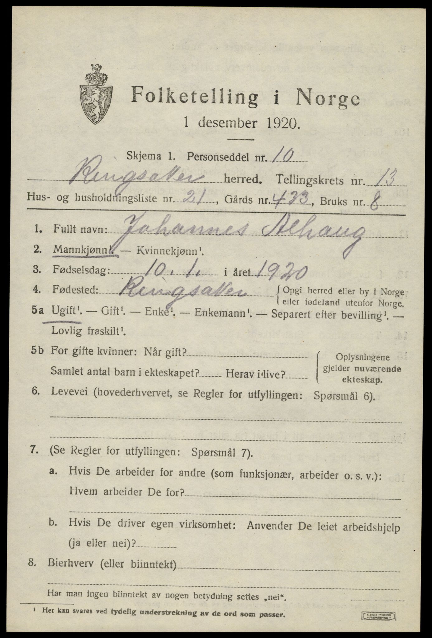 SAH, 1920 census for Ringsaker, 1920, p. 20926