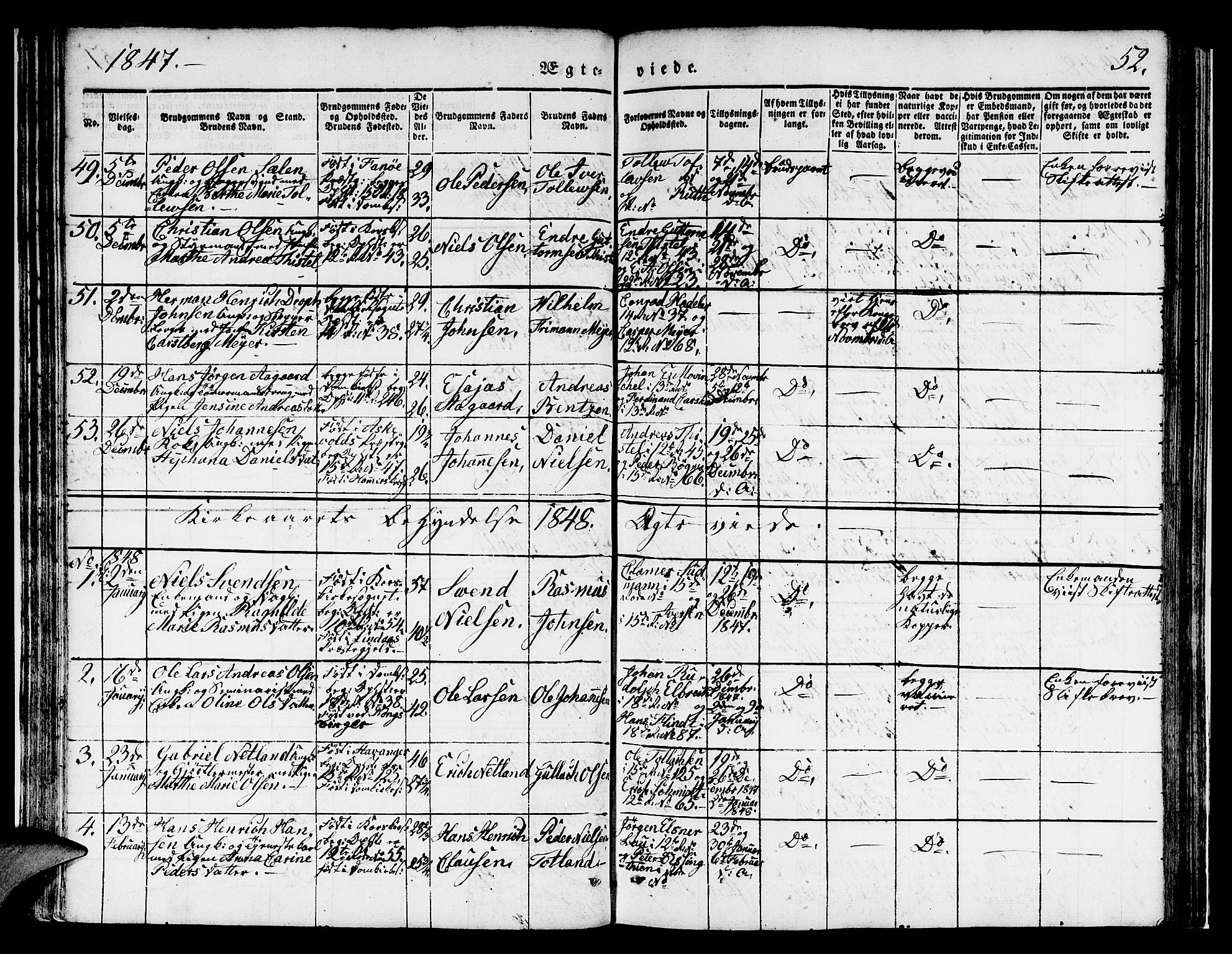 Domkirken sokneprestembete, SAB/A-74801/H/Hab/L0029: Parish register (copy) no. D 1, 1839-1857, p. 52