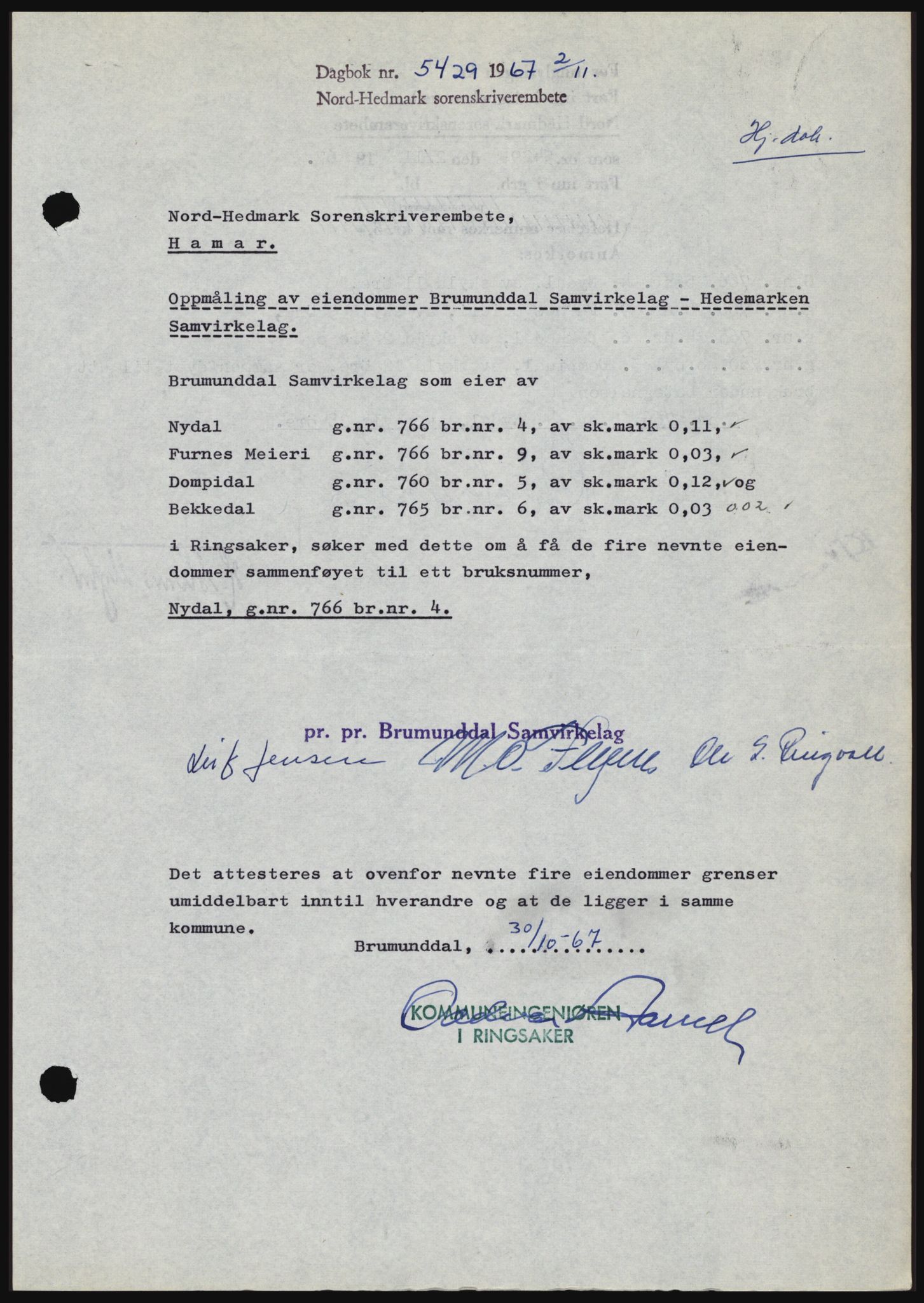 Nord-Hedmark sorenskriveri, SAH/TING-012/H/Hc/L0027: Mortgage book no. 27, 1967-1968, Diary no: : 5429/1967