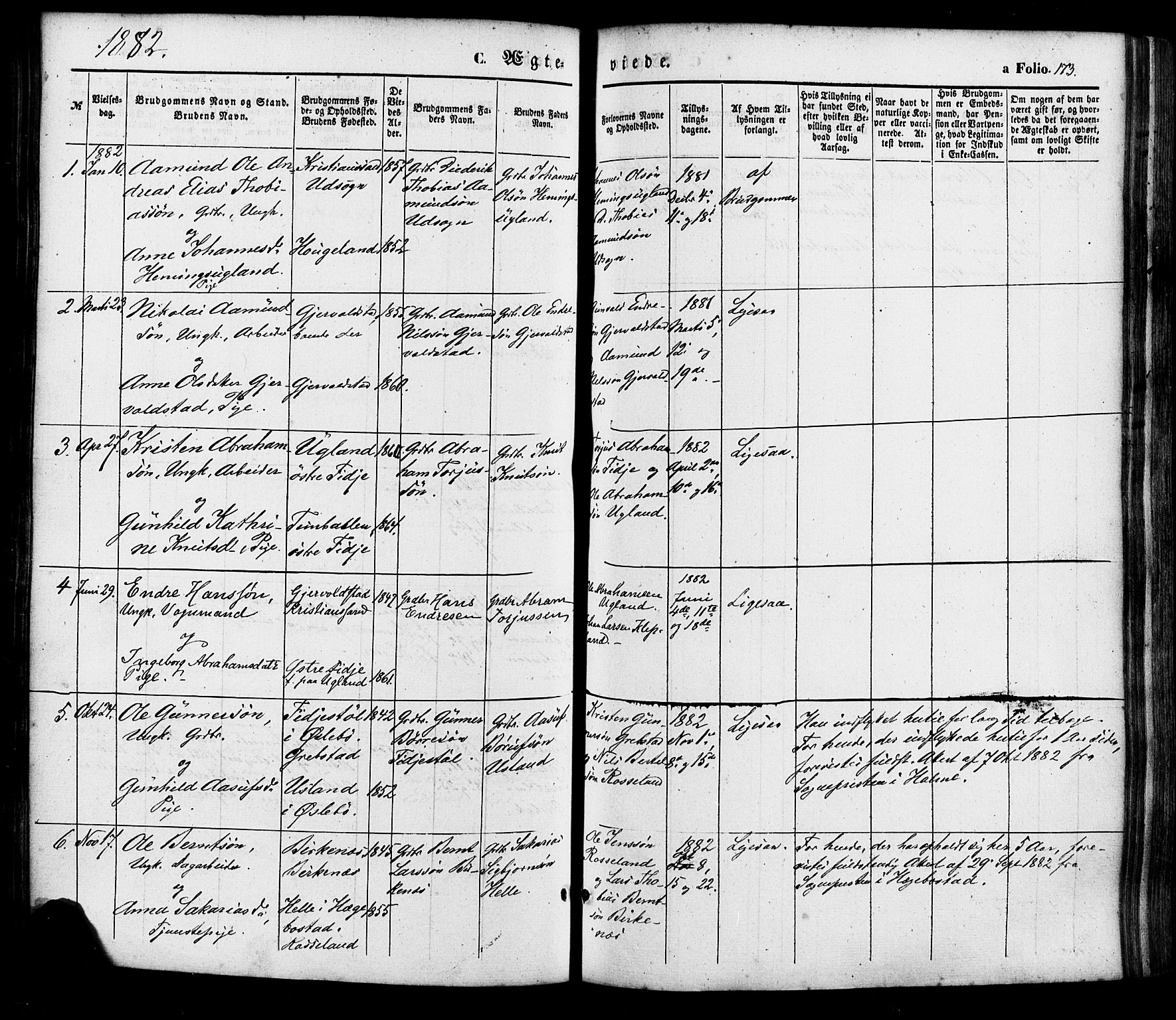 Søgne sokneprestkontor, SAK/1111-0037/F/Fa/Faa/L0002: Parish register (official) no. A 2, 1854-1882, p. 173