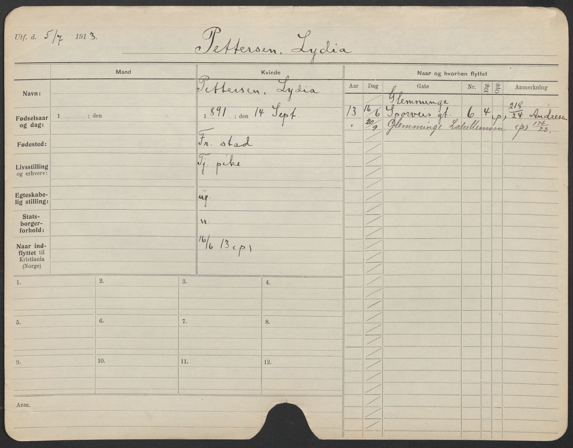 Oslo folkeregister, Registerkort, AV/SAO-A-11715/F/Fa/Fac/L0022: Kvinner, 1906-1914, p. 1000a