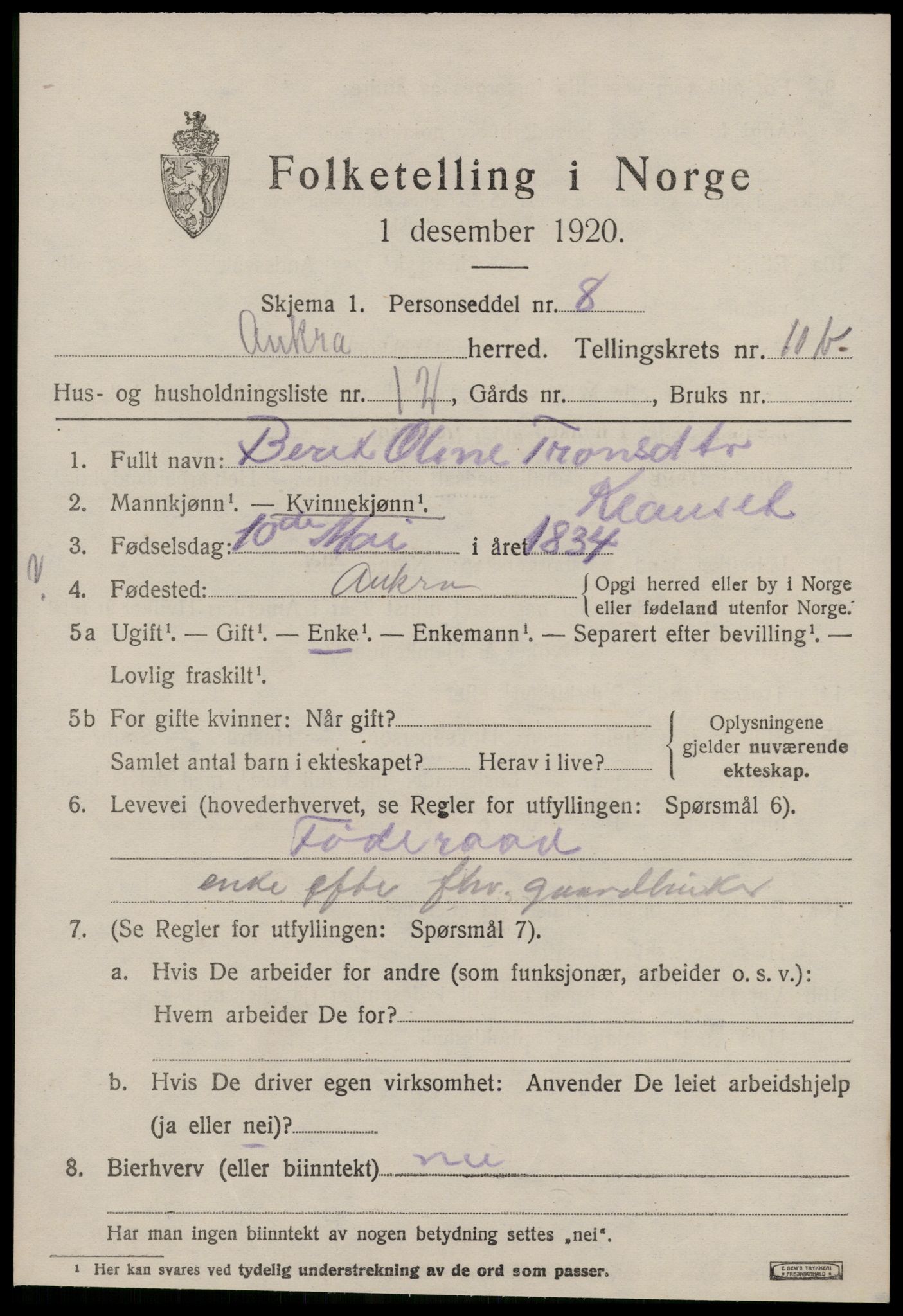 SAT, 1920 census for Aukra, 1920, p. 5127