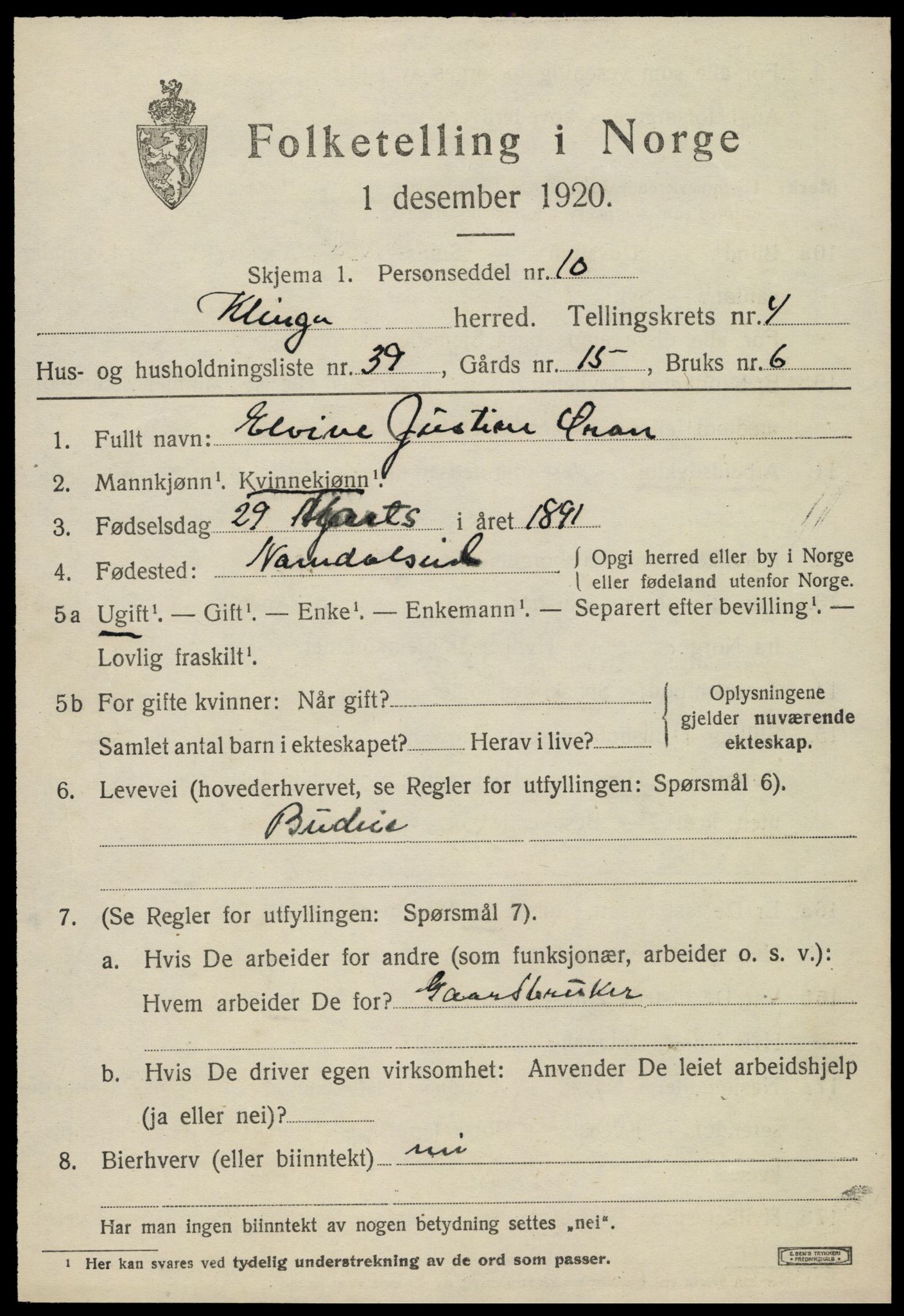 SAT, 1920 census for Klinga, 1920, p. 2859