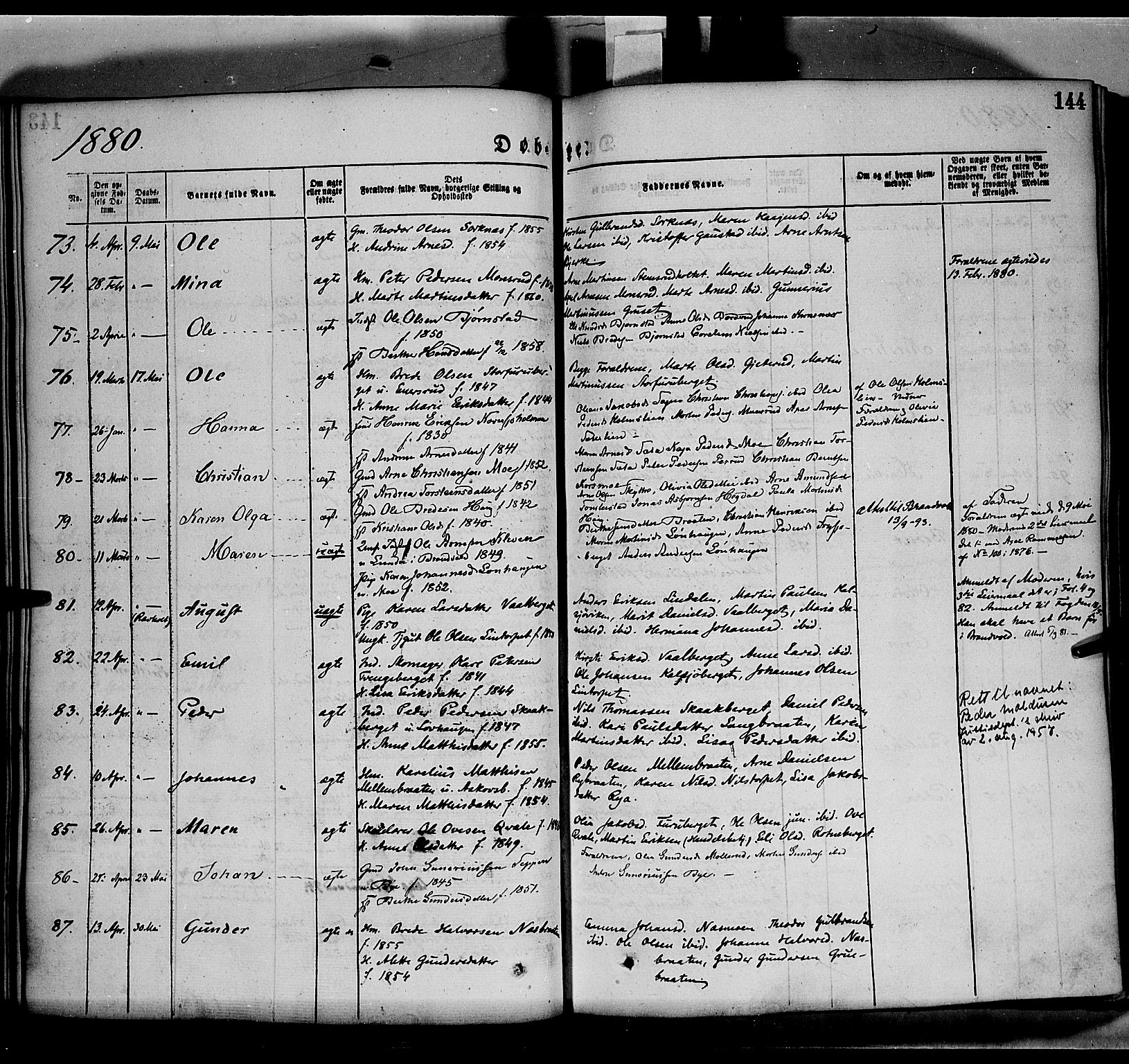 Grue prestekontor, AV/SAH-PREST-036/H/Ha/Haa/L0011: Parish register (official) no. 11, 1873-1880, p. 144