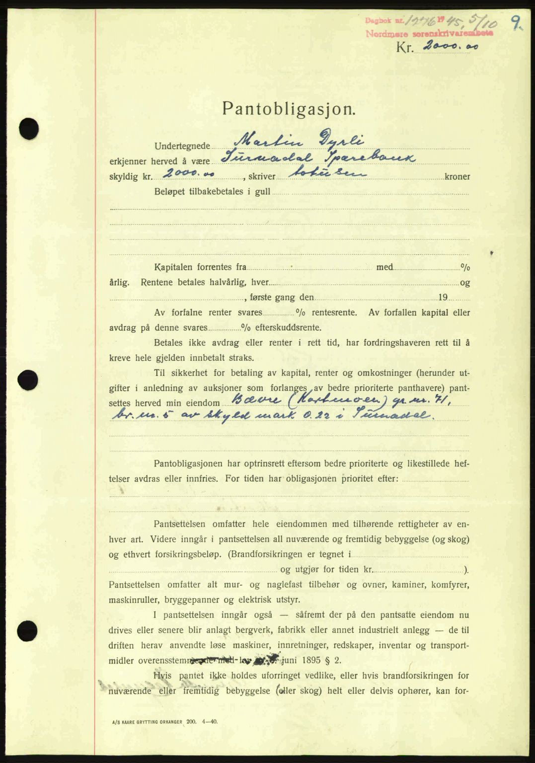 Nordmøre sorenskriveri, AV/SAT-A-4132/1/2/2Ca: Mortgage book no. B93a, 1945-1945, Diary no: : 1276/1945