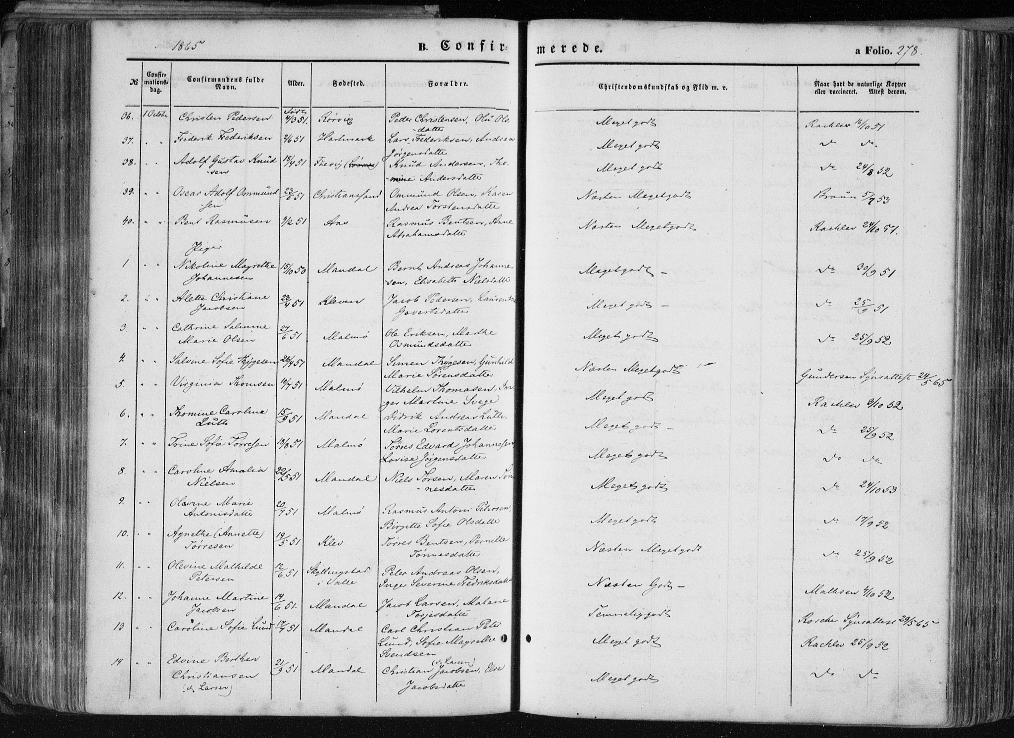 Mandal sokneprestkontor, AV/SAK-1111-0030/F/Fa/Faa/L0014: Parish register (official) no. A 14, 1859-1872, p. 278