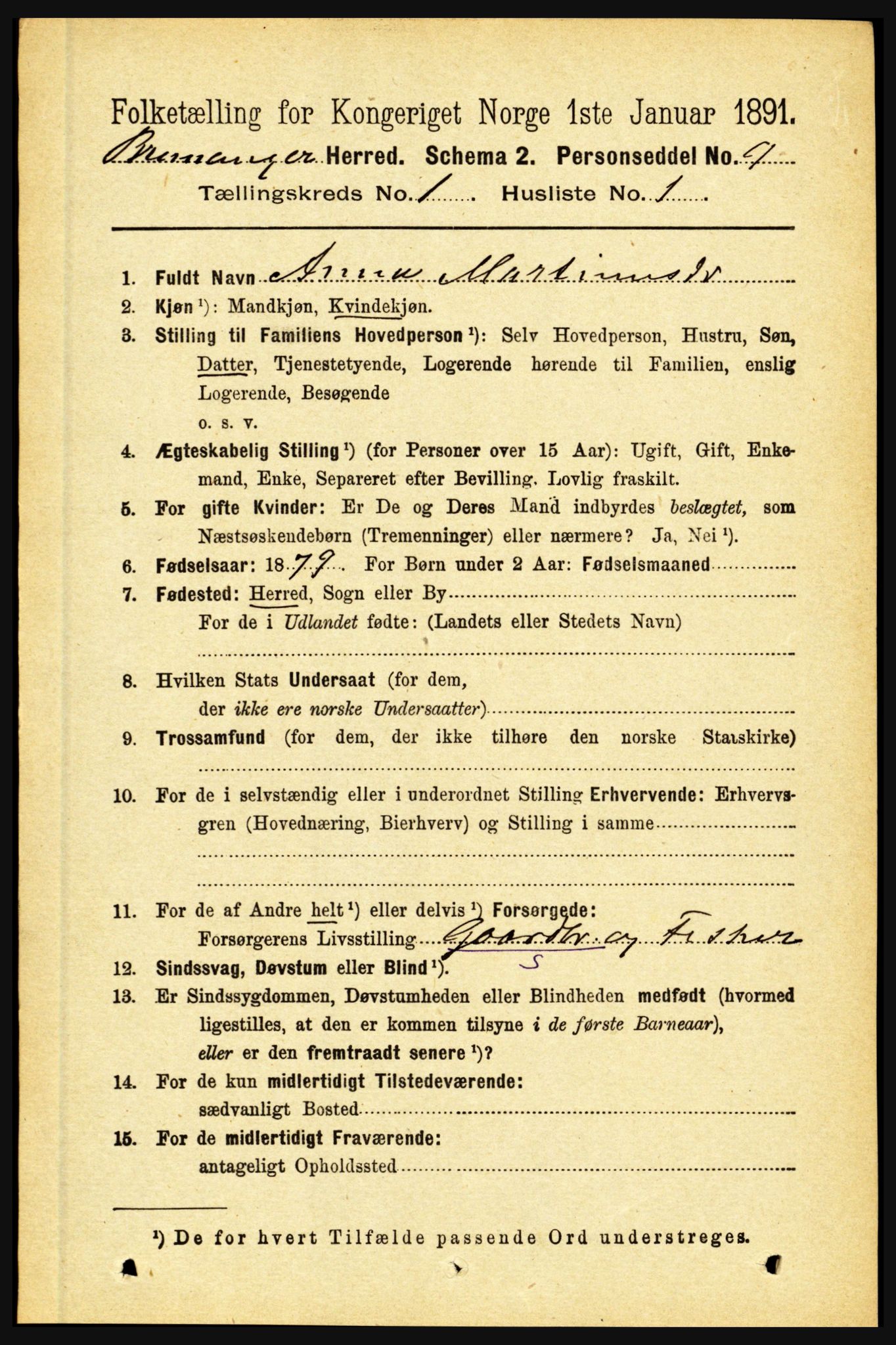 RA, 1891 census for 1438 Bremanger, 1891, p. 107