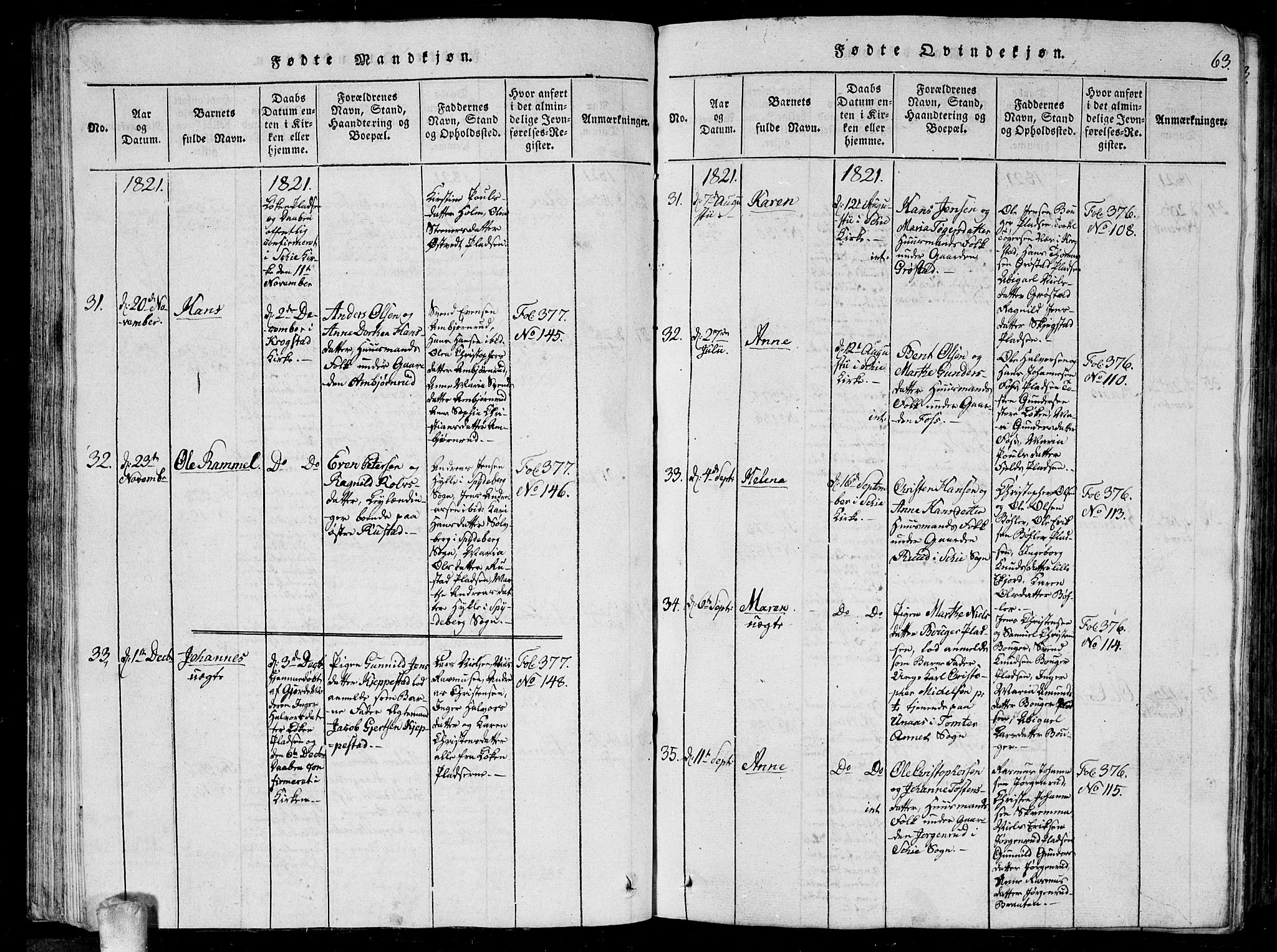 Kråkstad prestekontor Kirkebøker, AV/SAO-A-10125a/G/Ga/L0001: Parish register (copy) no. I 1, 1813-1824, p. 63