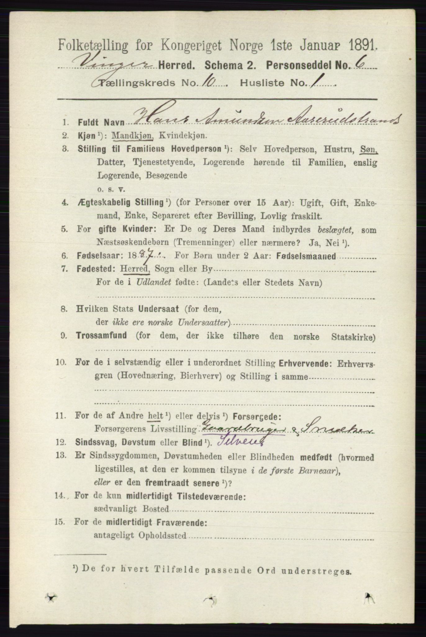 RA, 1891 census for 0421 Vinger, 1891, p. 4885