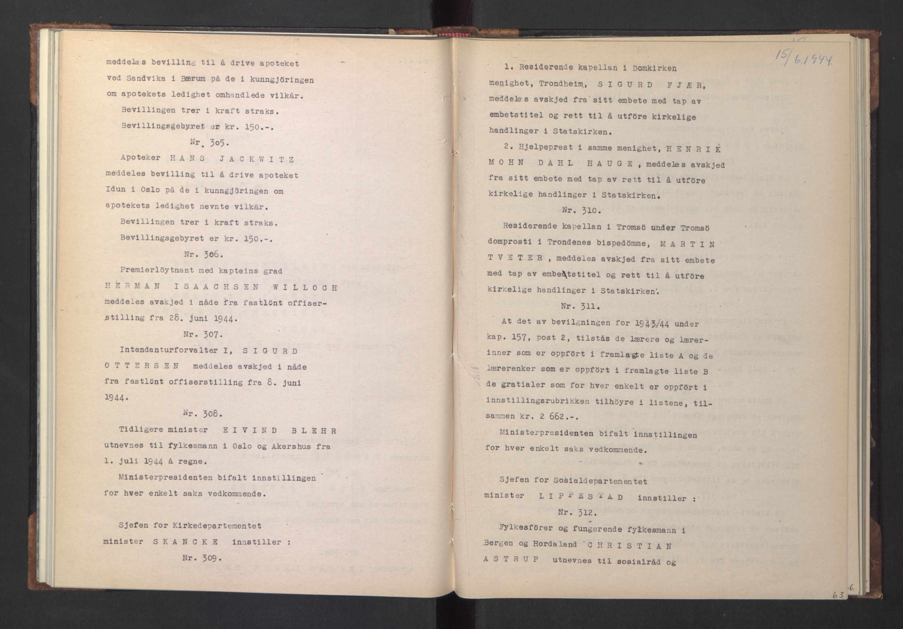 NS-administrasjonen 1940-1945 (Statsrådsekretariatet, de kommisariske statsråder mm), RA/S-4279/D/Da/L0005: Protokoll fra ministermøter, 1944, p. 65