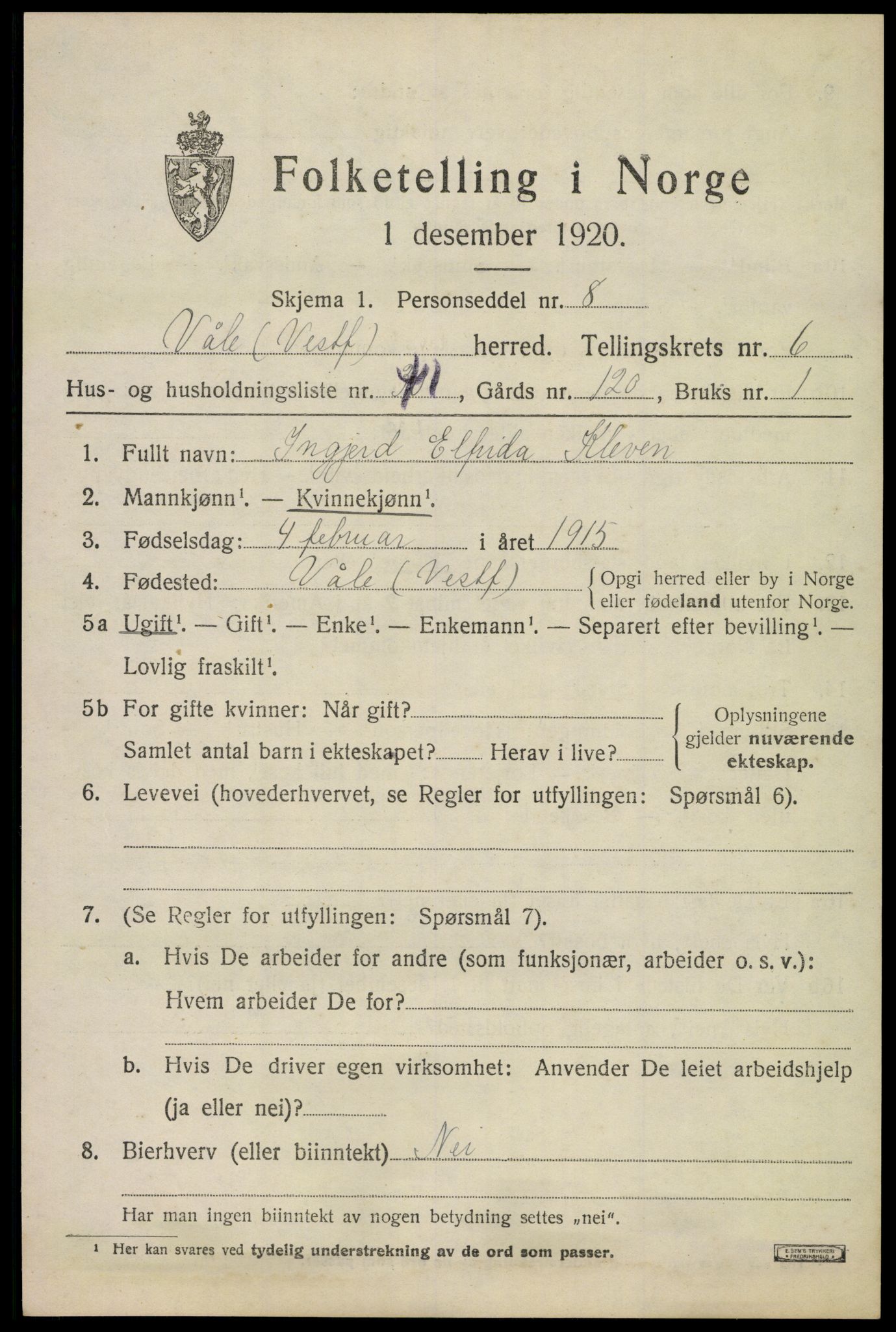 SAKO, 1920 census for Våle, 1920, p. 5390