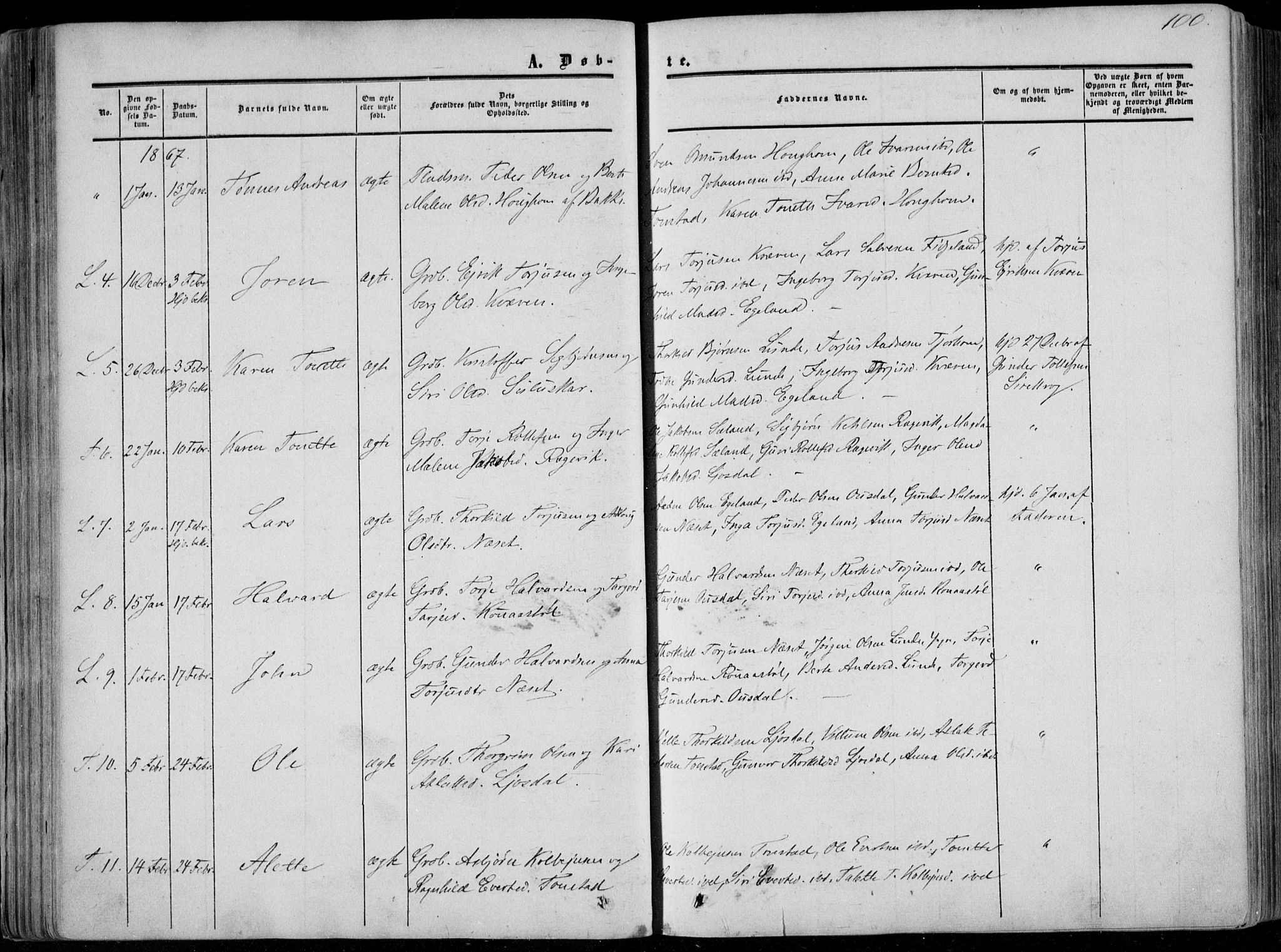 Sirdal sokneprestkontor, AV/SAK-1111-0036/F/Fa/Fab/L0002: Parish register (official) no. A 2, 1855-1874, p. 100